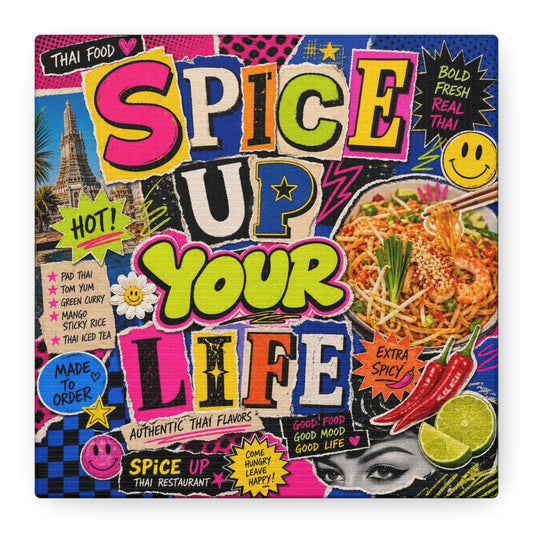 "Spice Up Your Life" Canvas Wall Art - Thai Food Pop Art Collage, Typography Print, Neon Color Street Poster Style, Cafe Decor, Dining Room Accent, Kitchen Wall Hanging, Contemporary - Ready to Hang