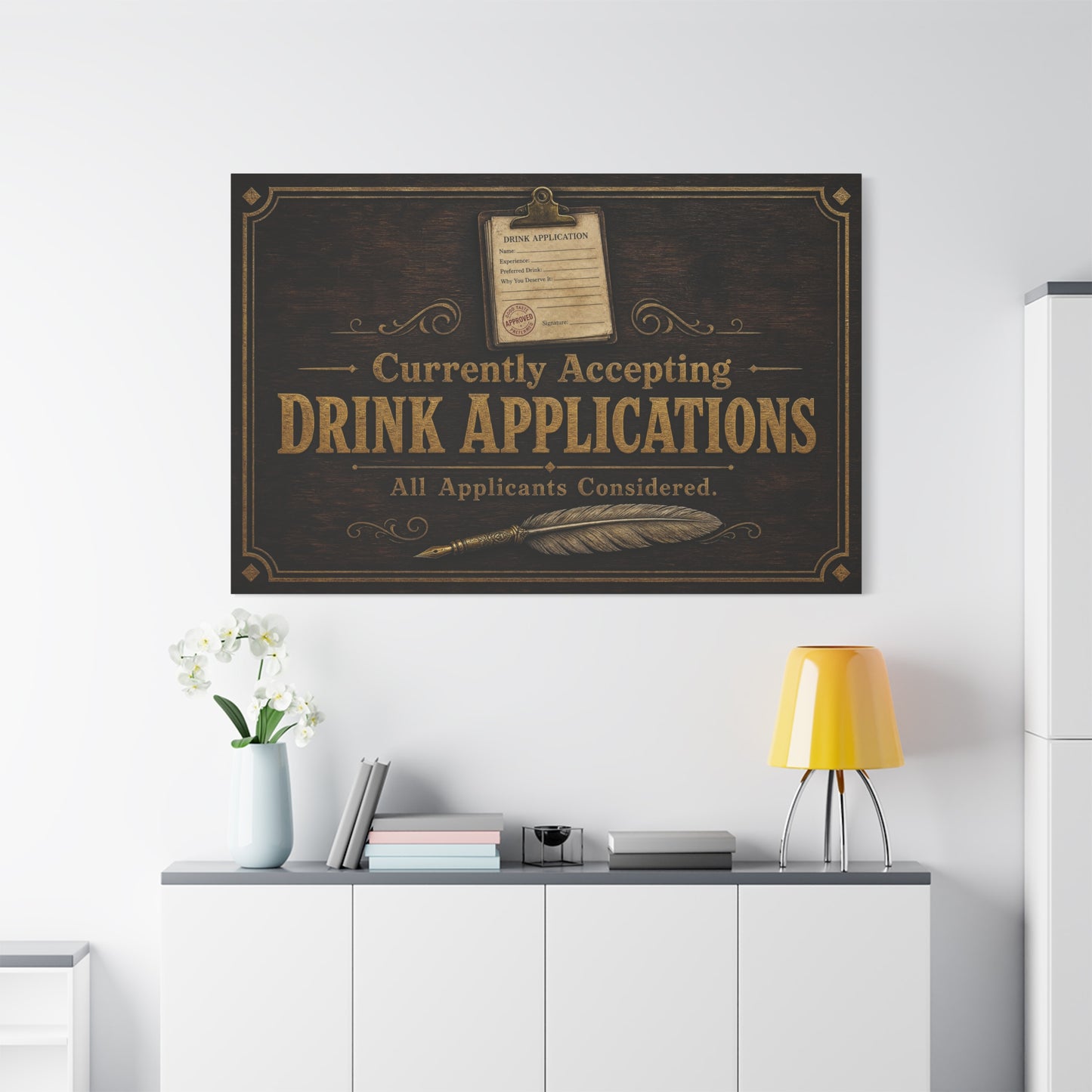 "Currently Accepting Drink Applications" Funny Canvas Wall Art - Vintage Bar Sign Quote, Rustic Brown Typography Decor - Humorous Pub Wall Hanging - Cocktail Lounge Decor - Speakeasy Style Sign