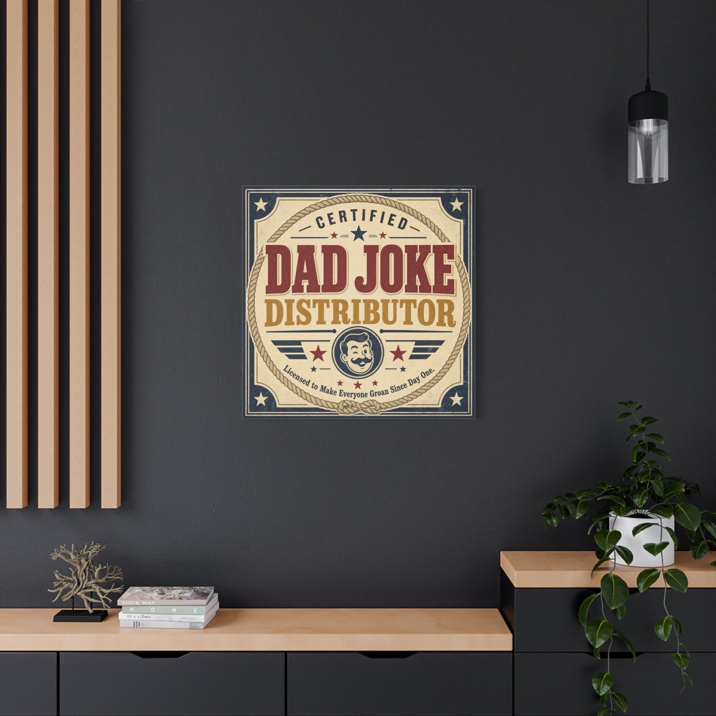 "Dad Joke Distributor" Funny Canvas Wall Art - Vintage Typography Humor Print, Retro Patriotic Stars And Mustache Illustration - Farmhouse Office Decor, Man Cave Wall Hanging - Bedroom Home Decoration
