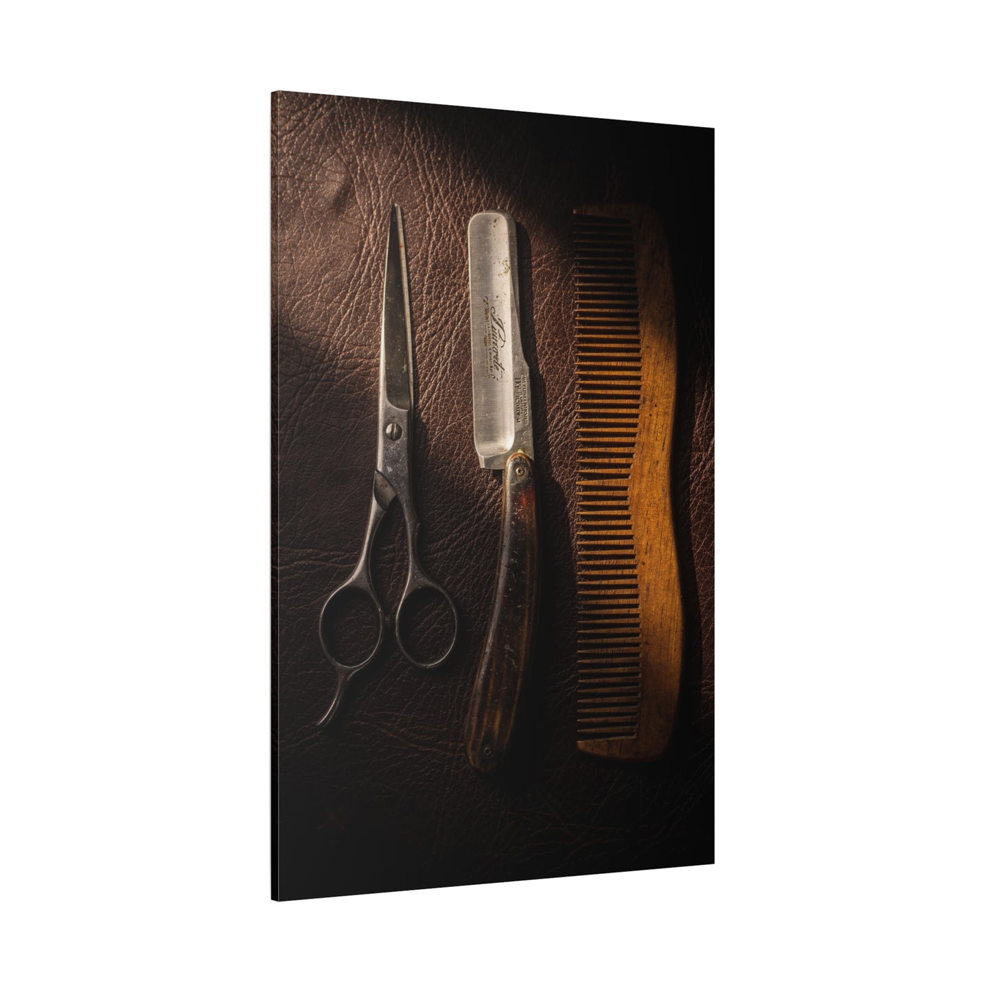 Vintage Barber Tools Canvas Wall Art - Scissors, Straight Razor, Wooden Comb Still Life - Rustic Art Print - Traditional Barbershop Decor, Salon Wall Accent, Home Office Display
