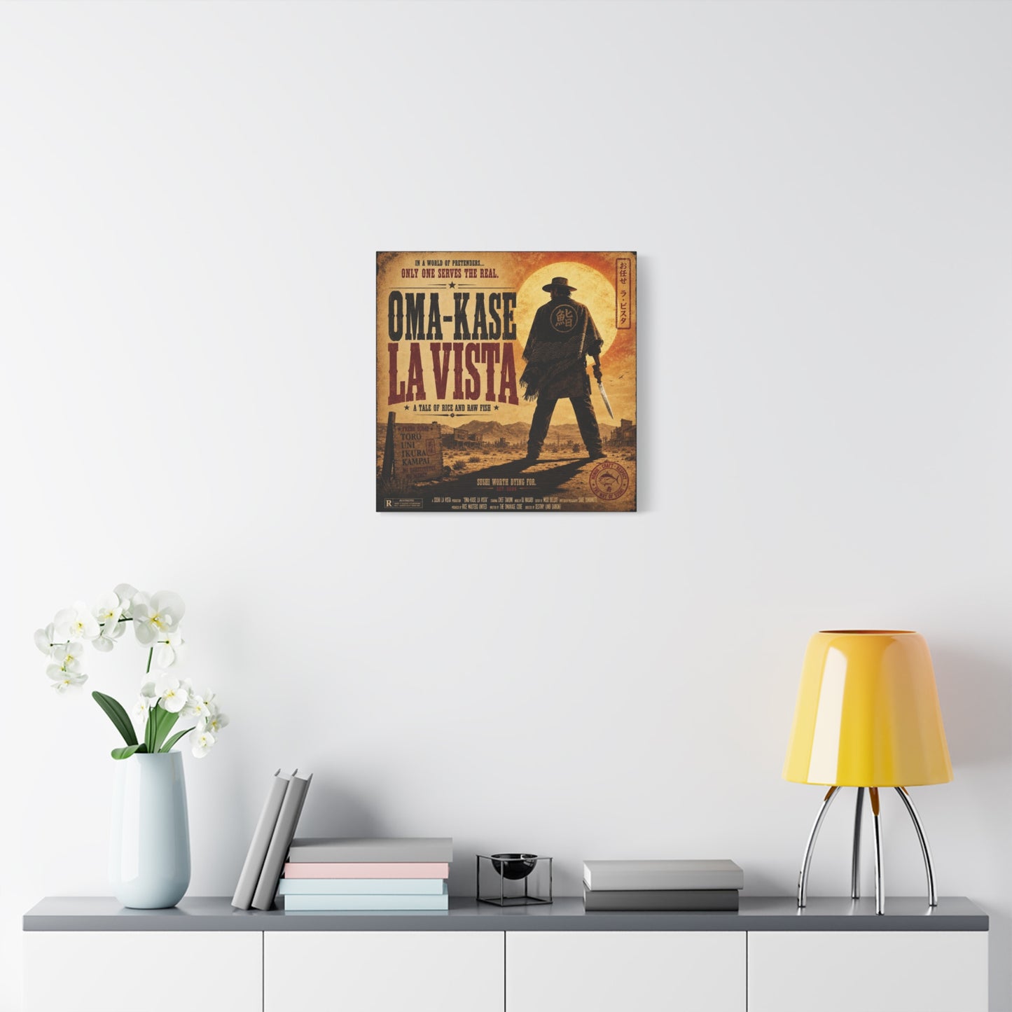 "In A World Of Pretenders... Only One Serves The Real. OMA-KASE LA VISTA" Canvas Wall Art - Vintage Western Sushi Poster, Typography Illustration, Rustic Office Decor, Cafe Accent Print