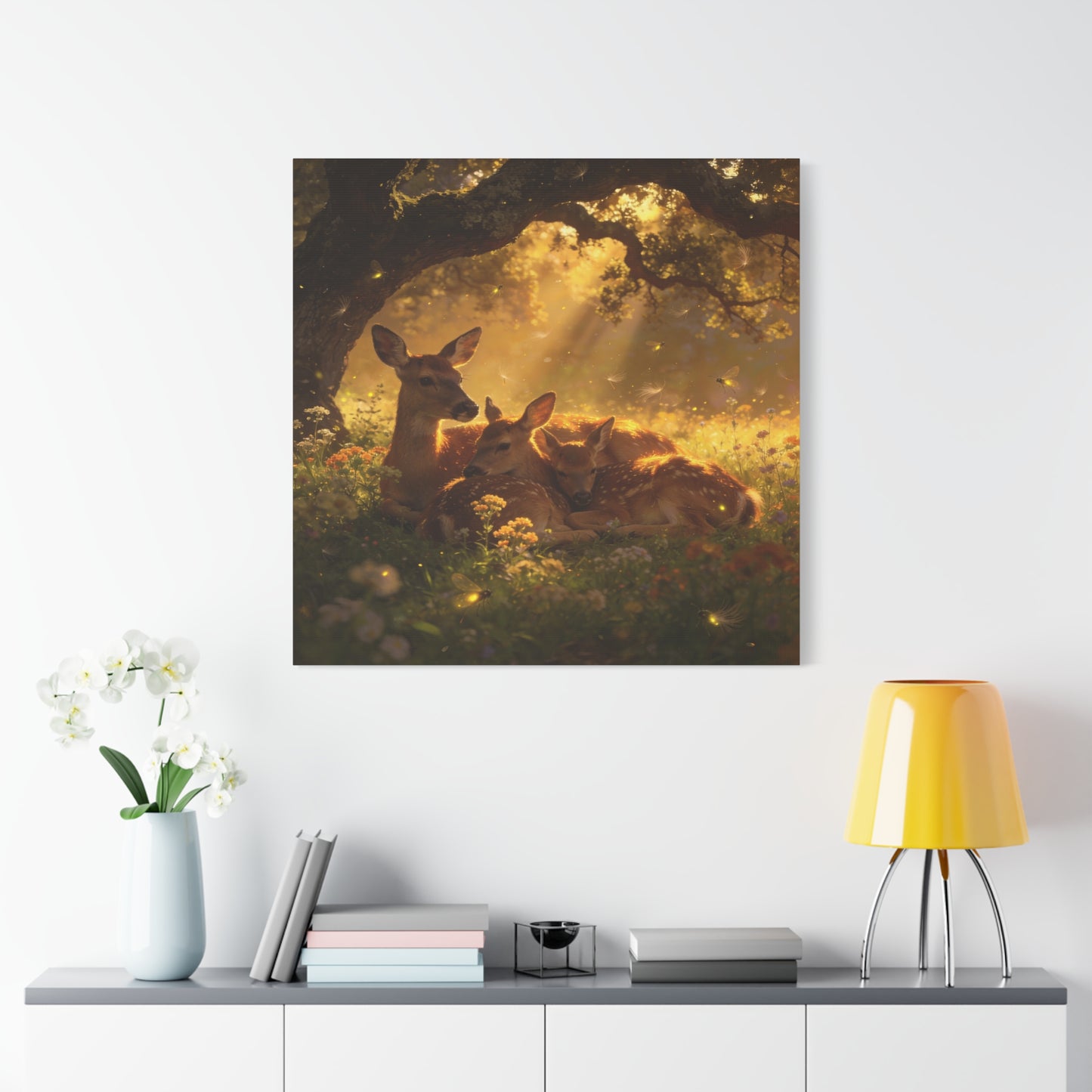 Doe And Fawns Canvas Wall Art - Woodland Deer Family In Golden Light, Whimsical Nature Scene - Matte Finish Cotton Print - Rustic Traditional Style - Bedroom Wall Decor - Bedroom Home Decoration