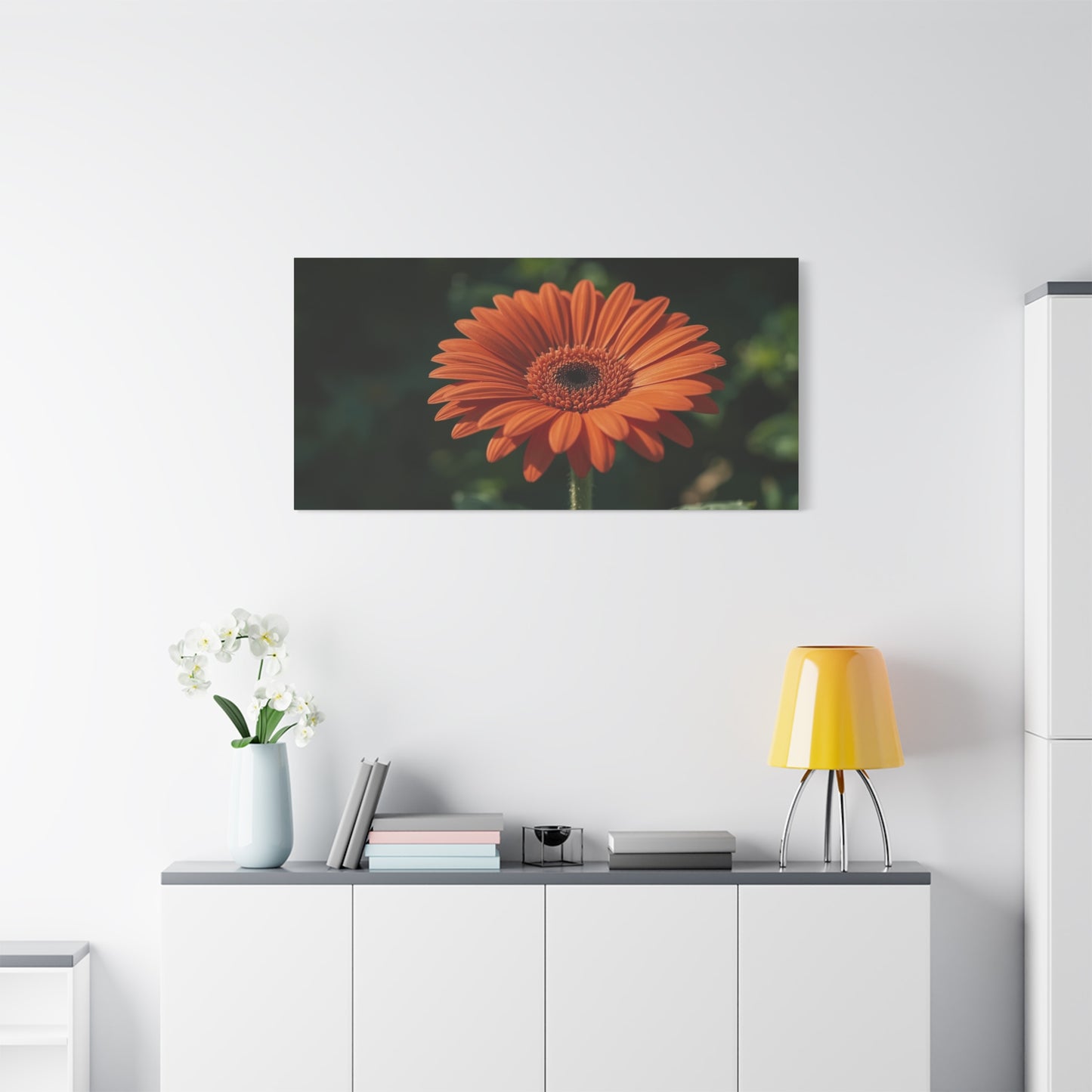 Orange Gerbera Daisy Canvas Wall Art - Botanical Floral Art Print, Dark Green Background - Matte Cotton Decor - Bedroom Wall Hanging, Living Room Home Accent - Bedroom Home Decoration