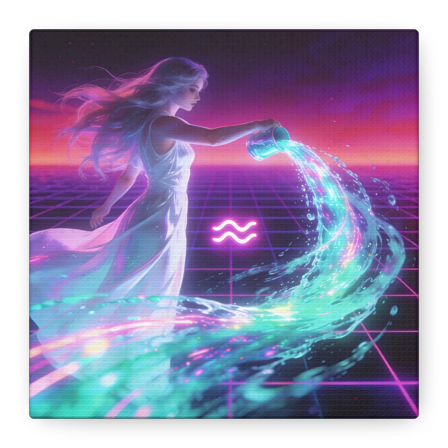 Aquarius Woman Canvas Wall Art - Neon Water Bearer Zodiac Illustration, Retro Synthwave Aesthetic - Matte Canvas Print - Bedroom Wall Decor, Home Office Accent, Mystical Decor - Modern Farmhouse Style
