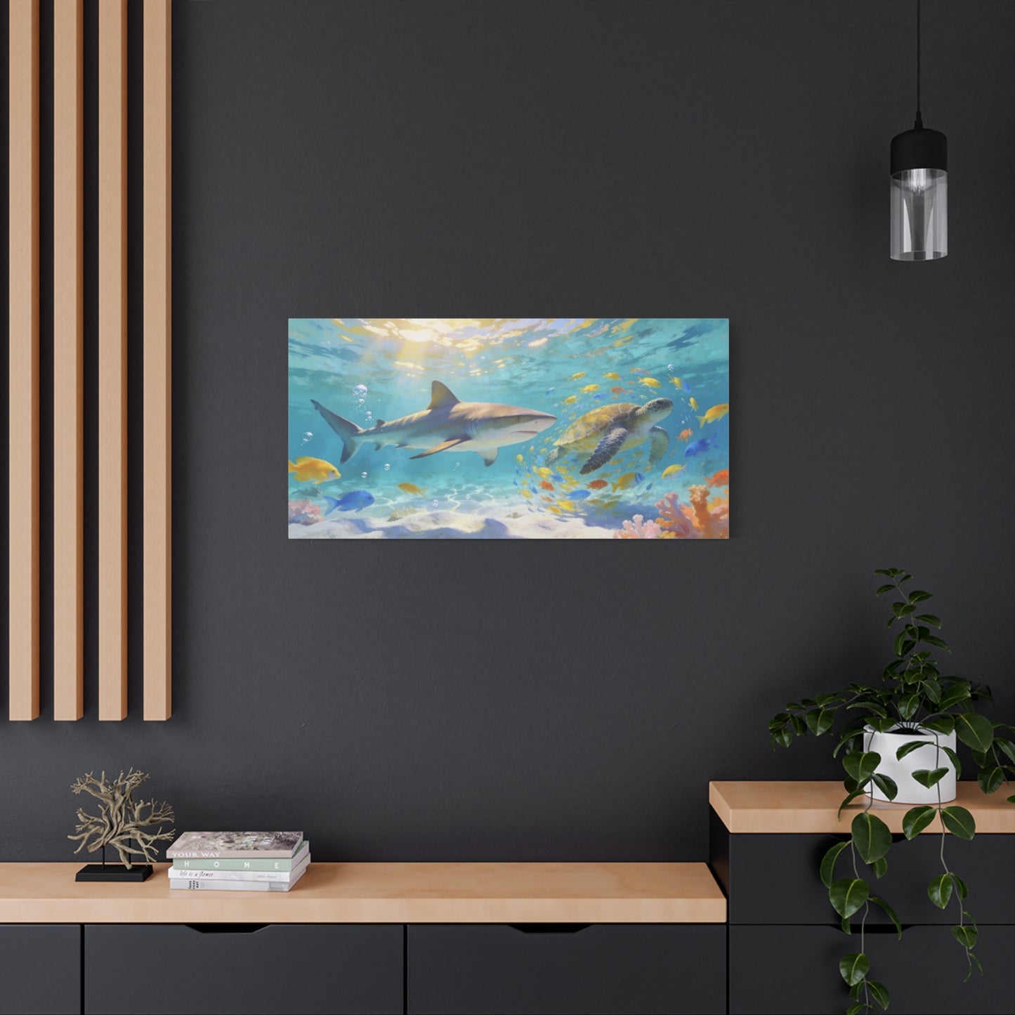 Shark Sea Turtle Canvas Wall Art - Tropical Underwater Ocean Scene, Colorful Fish Coral Reef - Matte Coastal Style - Living Room Wall Decor, Bedroom Home Decoration - Bedroom Home Decoration