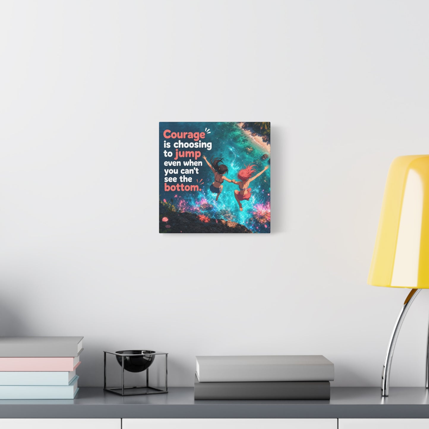 "Courage Is Choosing To Jump Even When You Can't See The Bottom" Canvas Wall Art - Coastal Quote Illustration, Inspirational Ocean Cliff Scene, Bedroom Wall Decor, Teen Space Accent - Ready to Hang