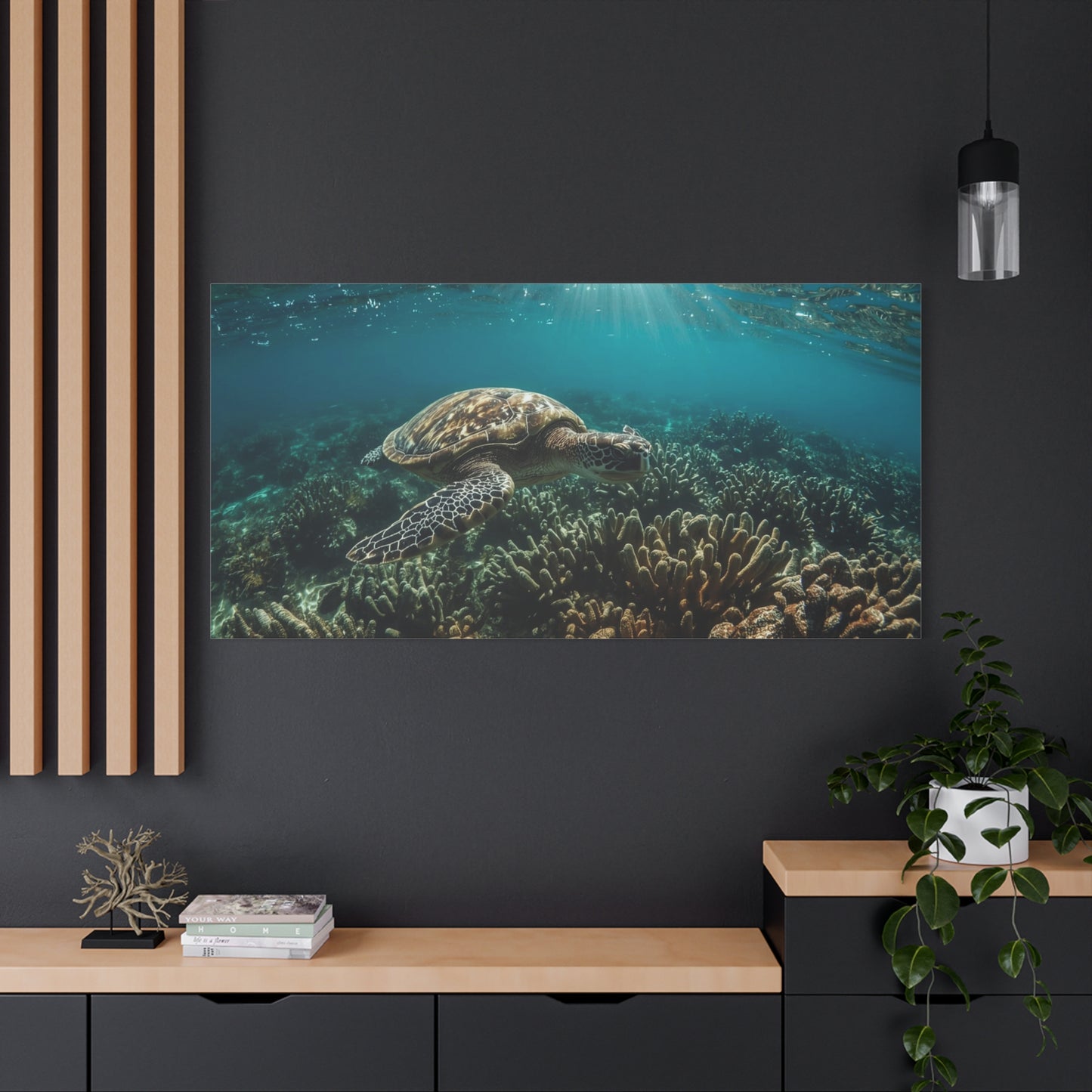 Sea Turtle Canvas Wall Art - Underwater Ocean Reef Art Print, Sunlit Blue Seascape, Coastal Wall Decor, Matte Finish Canvas Print, Living Room Decoration, Bedroom Home Accent - Ready to Hang