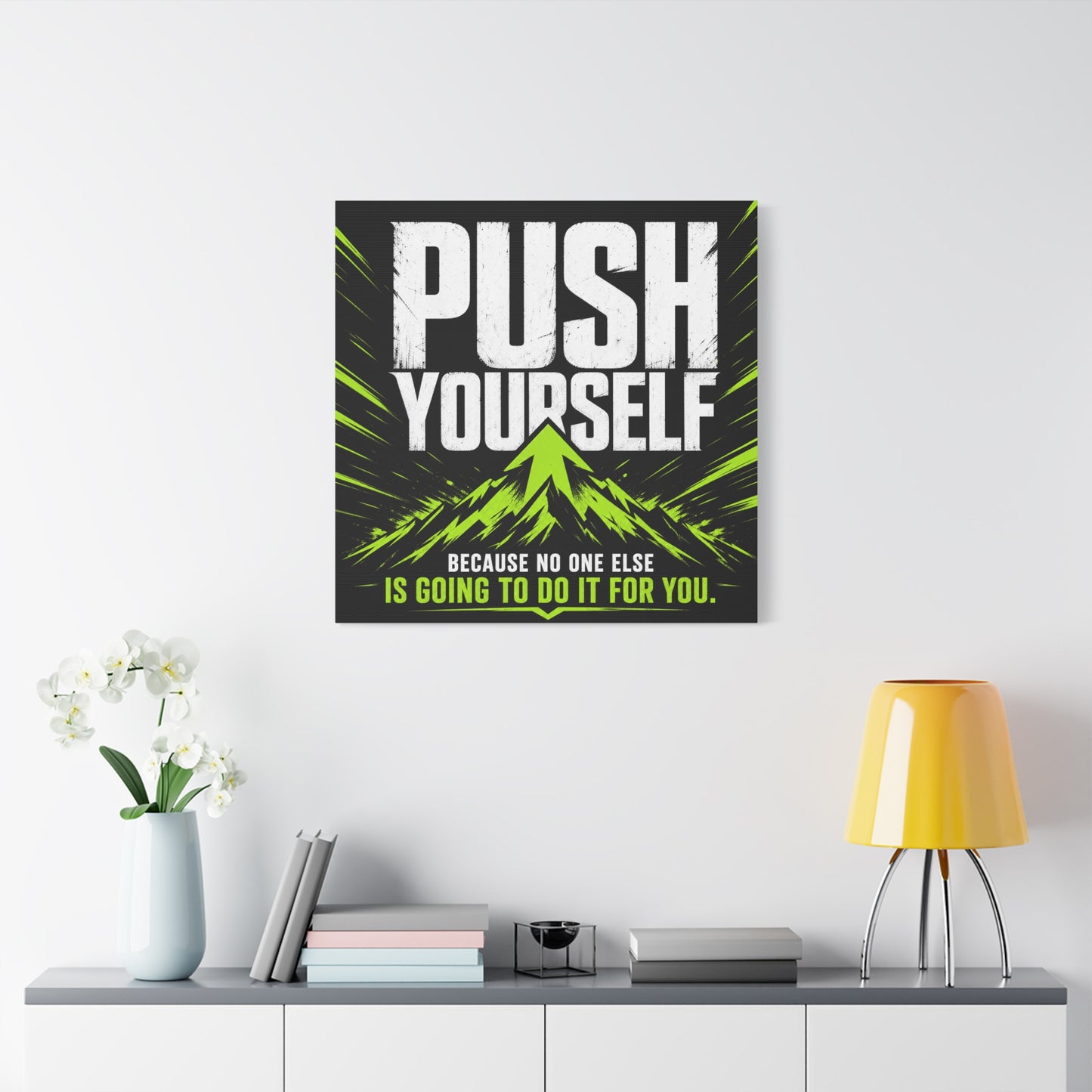 "Push Yourself Because No One Else Is Going To Do It For You" Motivational Canvas Wall Art - Bold Typography Quote Print, Modern Black Neon Green Design - Home Office Wall Decor, Teen Room