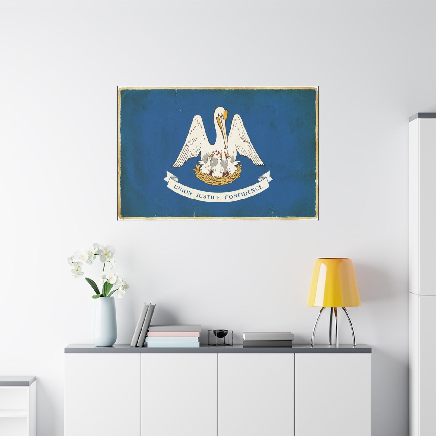 "Union Justice Confidence" Louisiana State Flag Canvas Wall Art - Vintage Pelican Crest Print, Distressed Blue Banner, Patriotic Traditional Decor - Living Room Office Wall Decor - Ready to Hang