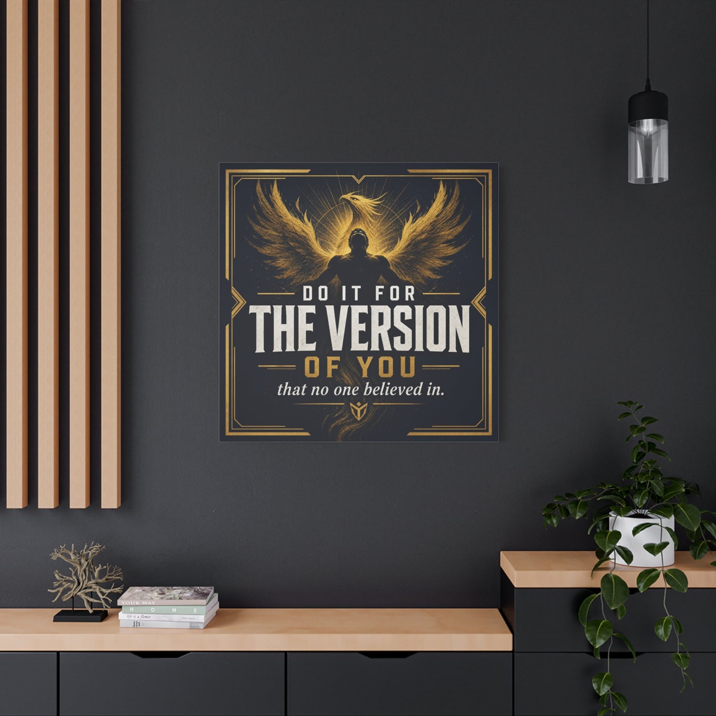 "Do It For The Version Of You That No One Believed In" Inspirational Canvas Wall Art - Phoenix Wings Motivational Quote Print - Black Gold Typography Decor For Office Bedroom - Living Room Wall Decor