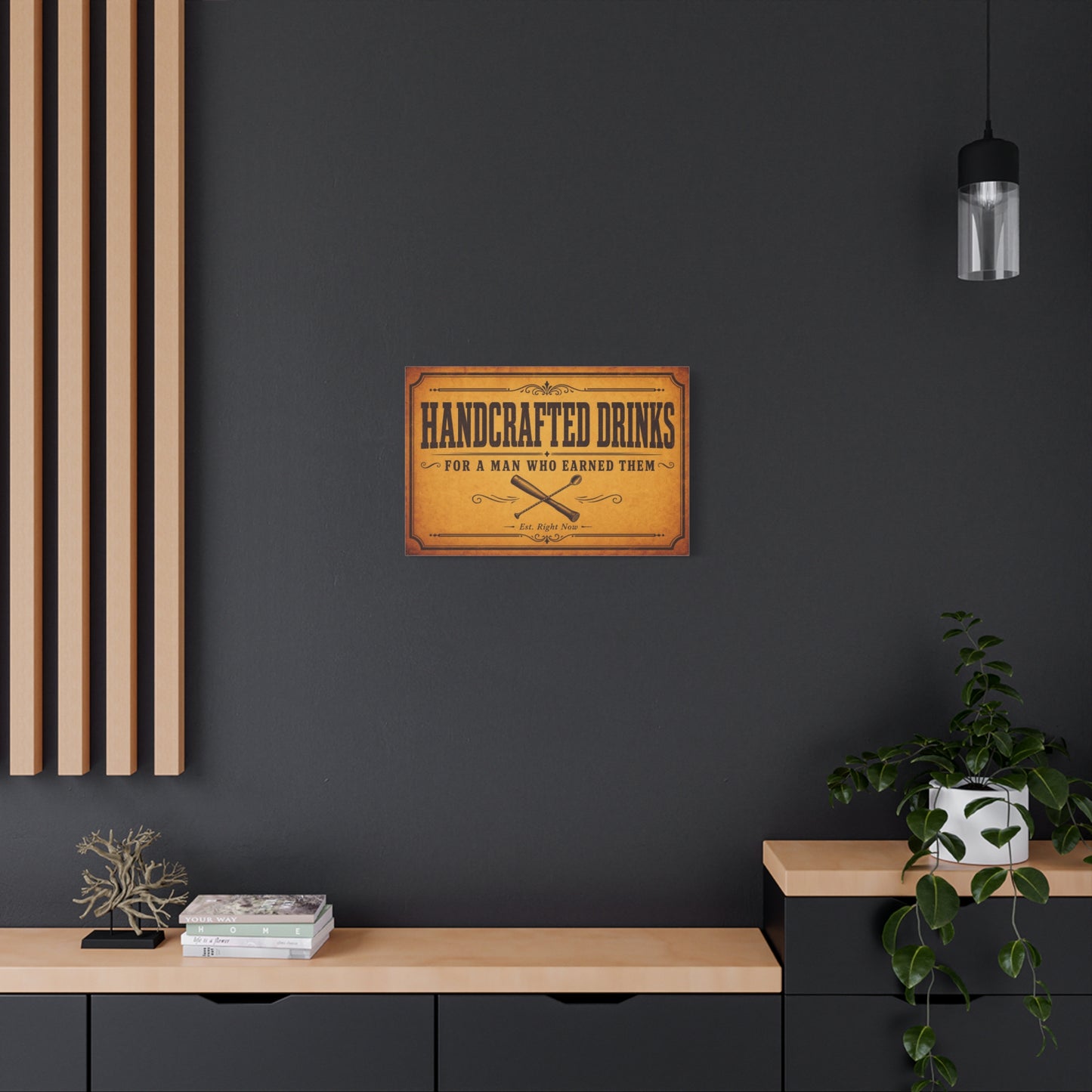"Handcrafted Drinks For A Man Who Earned Them" Canvas Wall Art - Vintage Bar Sign, Rustic Typography Decor, Whiskey Lounge Wall Hanging - Ready to Hang - Ready to Hang - Cocktail Lounge Decor