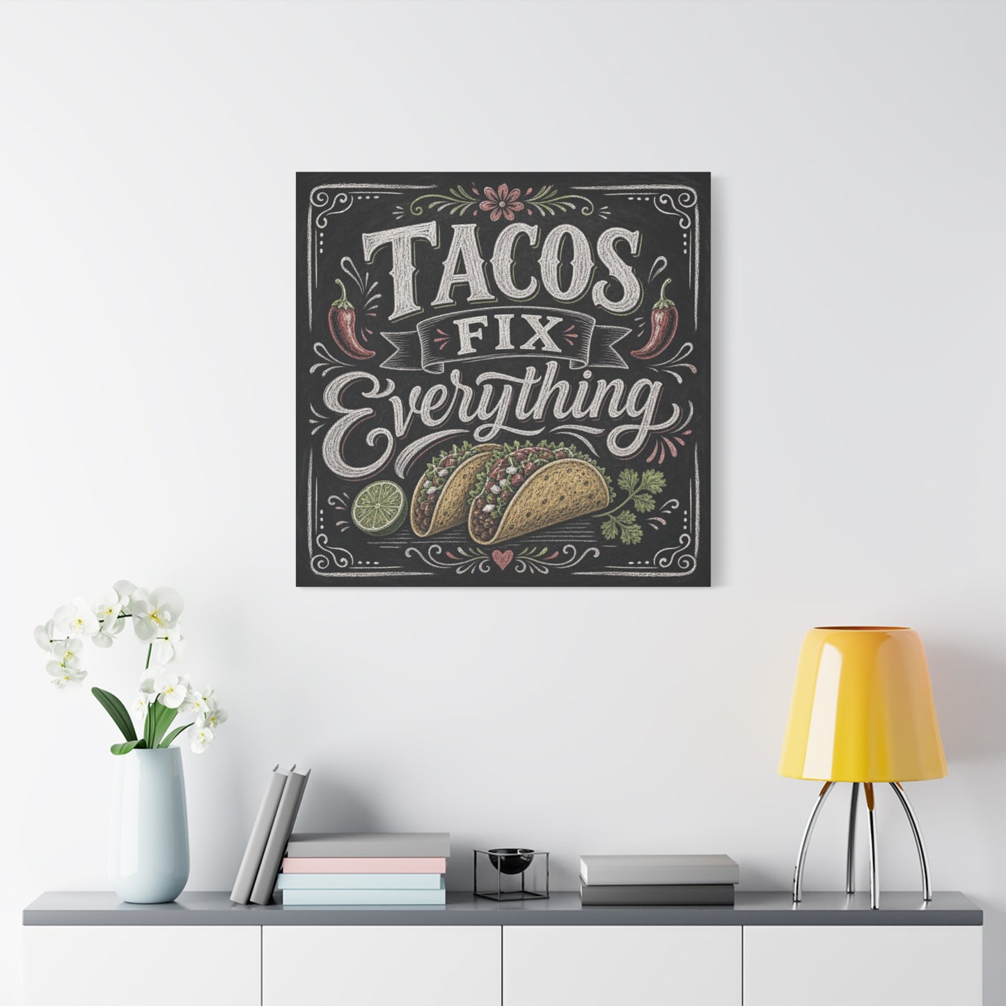 "Tacos Fix Everything" Canvas Wall Art - Chalkboard Taco Kitchen Print, Rustic Typography Decor - Matte Cotton Art Print - Farmhouse Dining Room Accent, Cafe Interior Style - Living Room Wall Decor