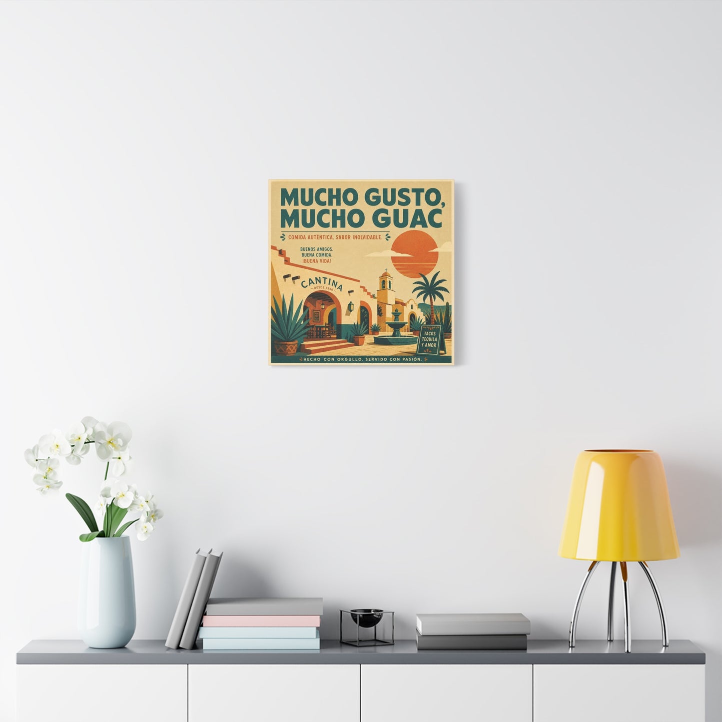 "Mucho Gusto, Mucho Guac" Cantina Canvas Wall Art - Mexican Restaurant Typography Print, Vintage Desert Courtyard Illustration, Cafe Wall Decor, Tequila Bar Sign, Workspace Accent - Ready to Hang