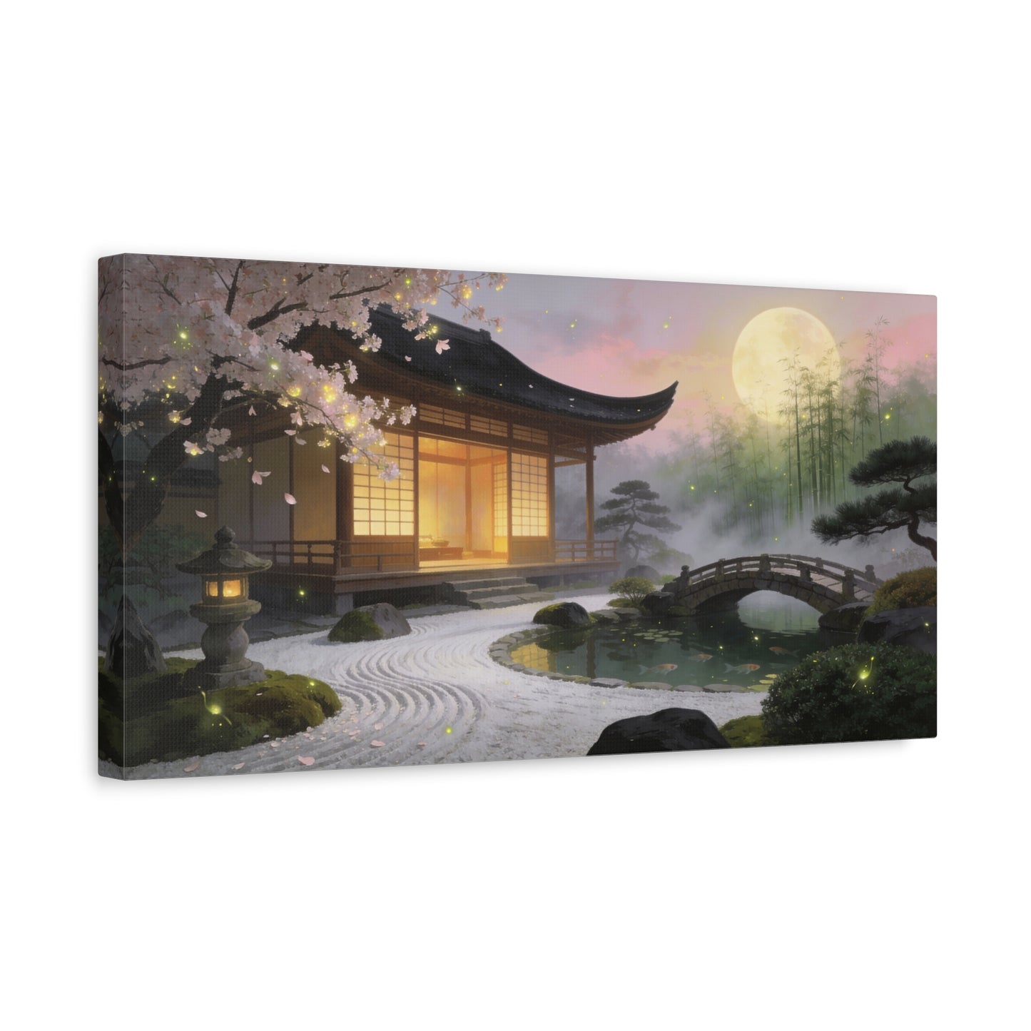 Japanese Zen Garden Canvas Wall Art - Moonlit Temple, Cherry Blossoms, Bamboo Mist - Serene Landscape Canvas Print - Traditional Style, Bedroom Wall Decor, Meditation Space - Bedroom Home Decoration