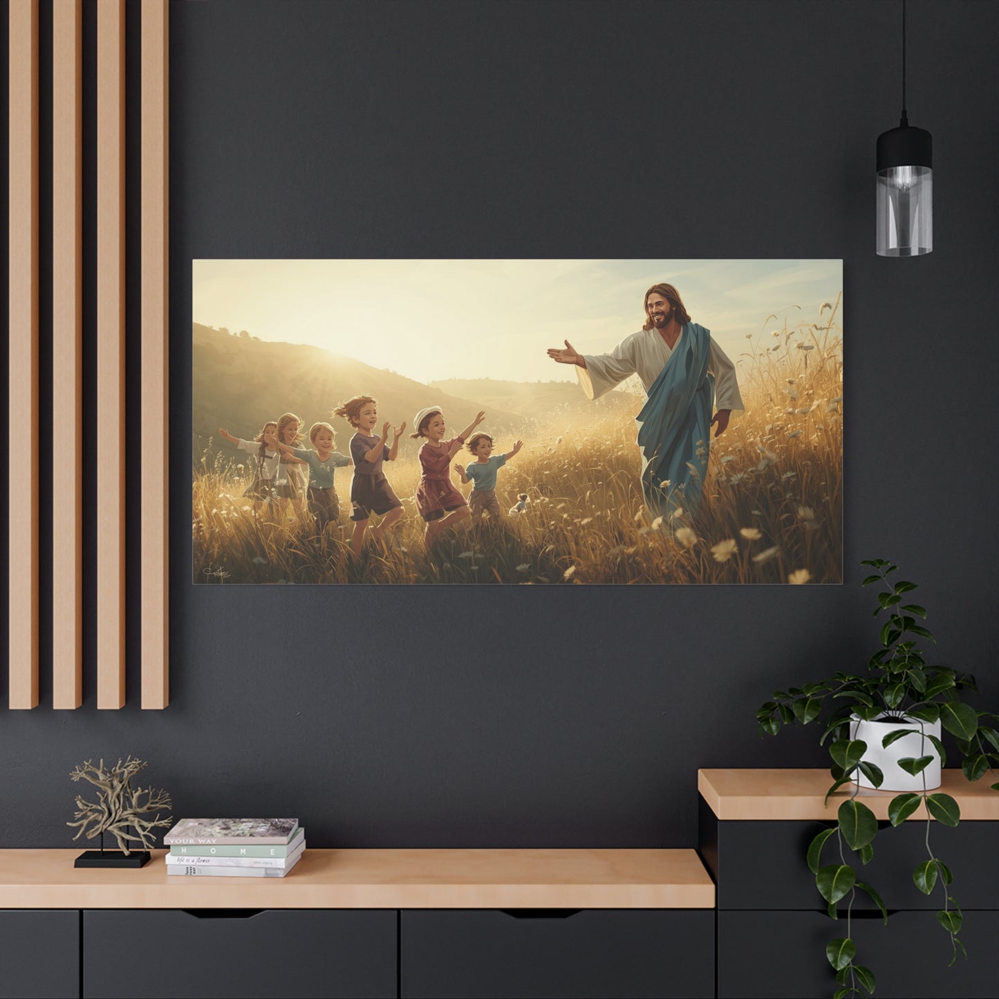 Jesus Christ With Children Canvas Wall Art - Golden Meadow Christian Print - Matte Cotton Ready to Hang - Traditional Religious Decor for Living Room, Bedroom, Nursery, Office - Living Room Wall Decor