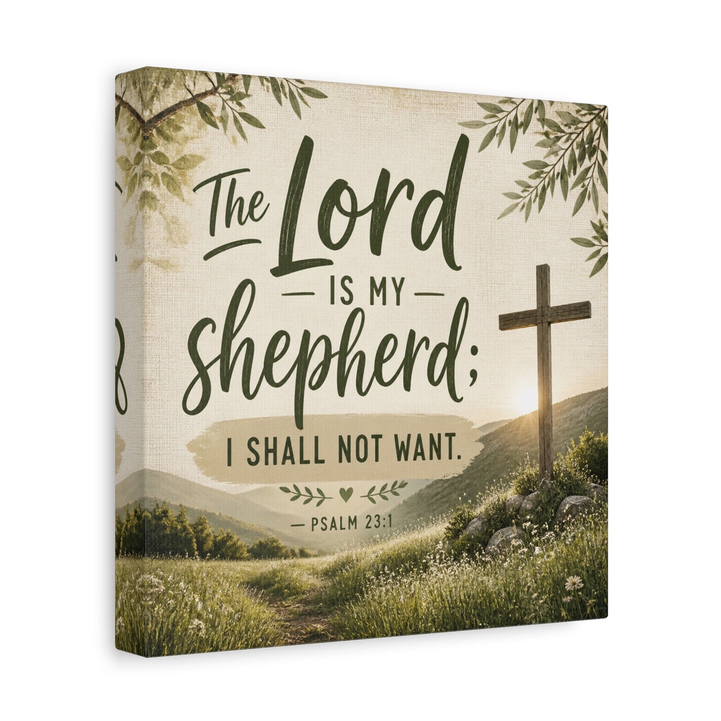 "The Lord Is My Shepherd, I Shall Not Want. - Psalm 23:1" Christian Canvas Wall Art - Rustic Cross Meadow Landscape, Farmhouse Scripture Decor, Bedroom Living Room Wall Hanging - Ready to Hang