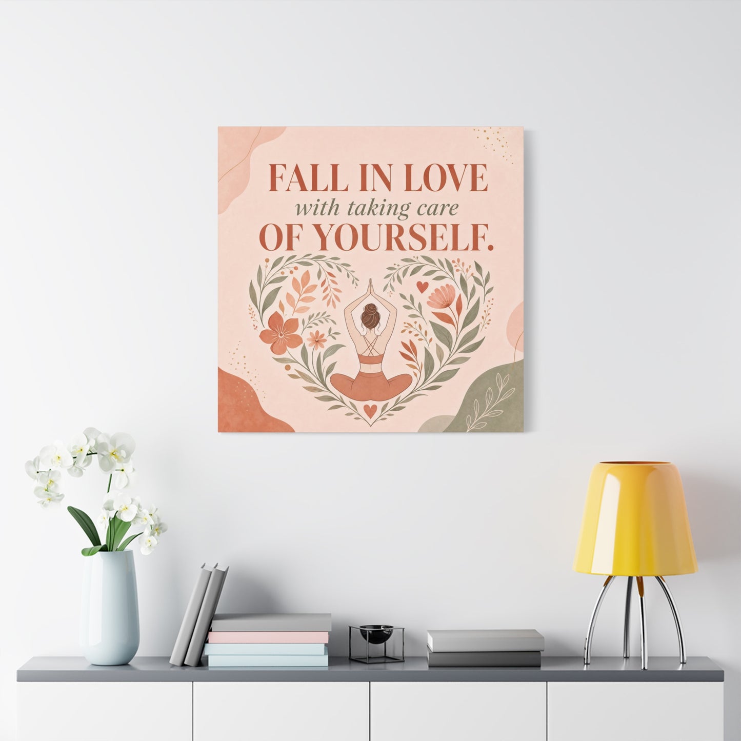 "Fall In Love With Taking Care Of Yourself." Inspirational Canvas Wall Art - Yoga Woman Floral Quote Print - Bohemian Modern Sage Blush Decor - Living Room Wall Decor - Bedroom Home Decoration