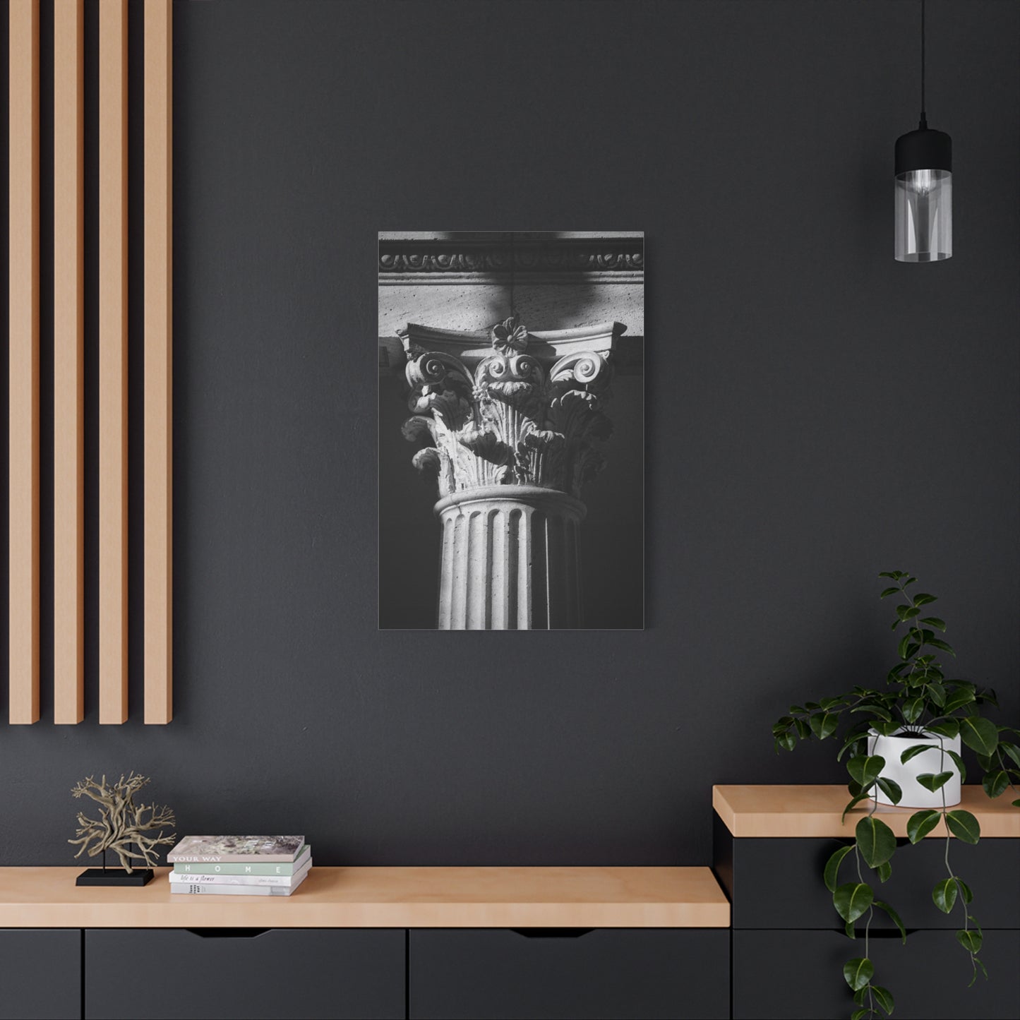 Black And White Corinthian Column Canvas Wall Art - Architectural Art Print, Dramatic Light, Matte Cotton Decor - Modern Minimalist Living Room Wall Decor, Office Art - Bedroom Home Decoration