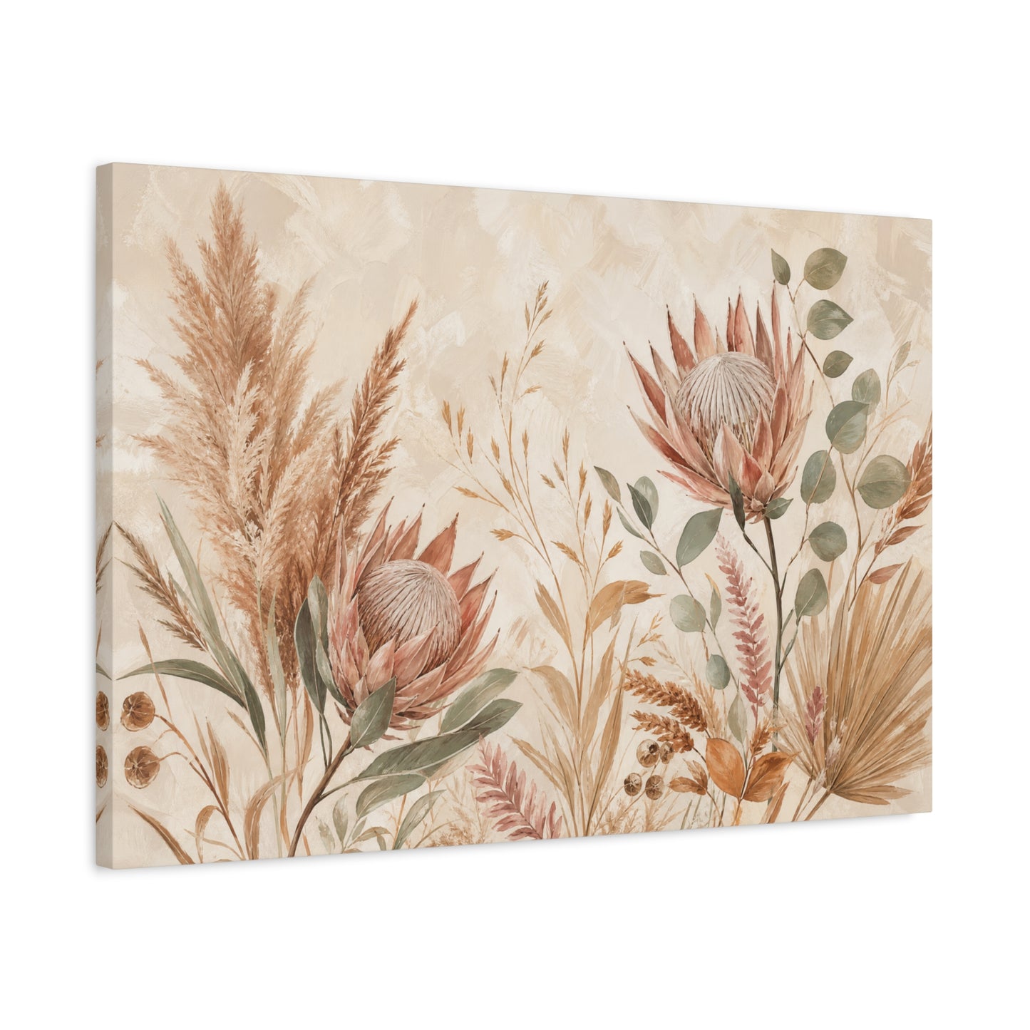 Protea Botanical Canvas Wall Art - Pampas Grass, Eucalyptus Floral Print - Neutral Boho Farmhouse Decor - Beige Sage Nature Painting - Ready to Hang