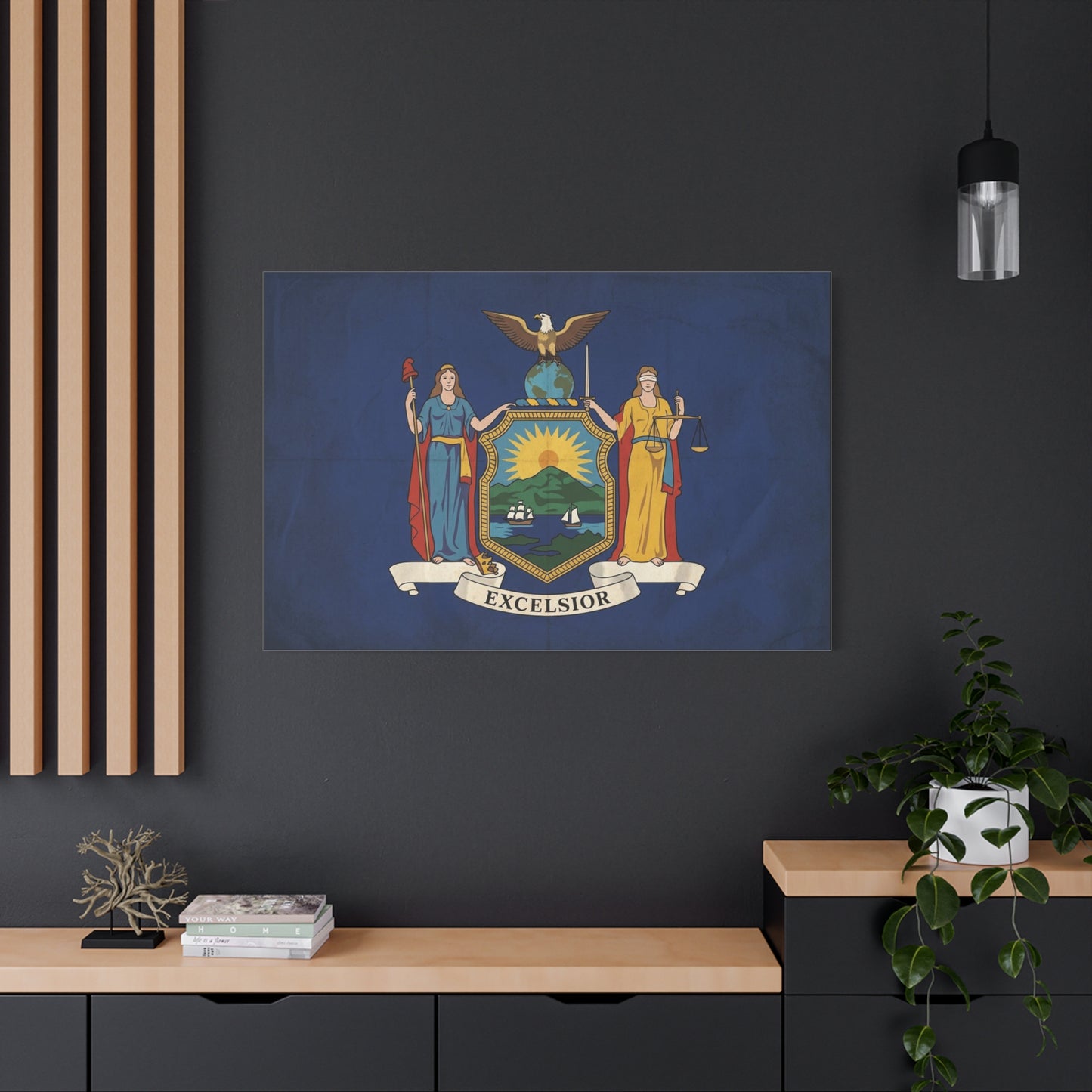 "Excelsior" New York State Flag Canvas Wall Art - Empire State Banner Print, Vintage Blue Heraldic Decor - Patriotic Illustration Style - Living Room Wall Decor, Office Art - Bedroom Home Decoration