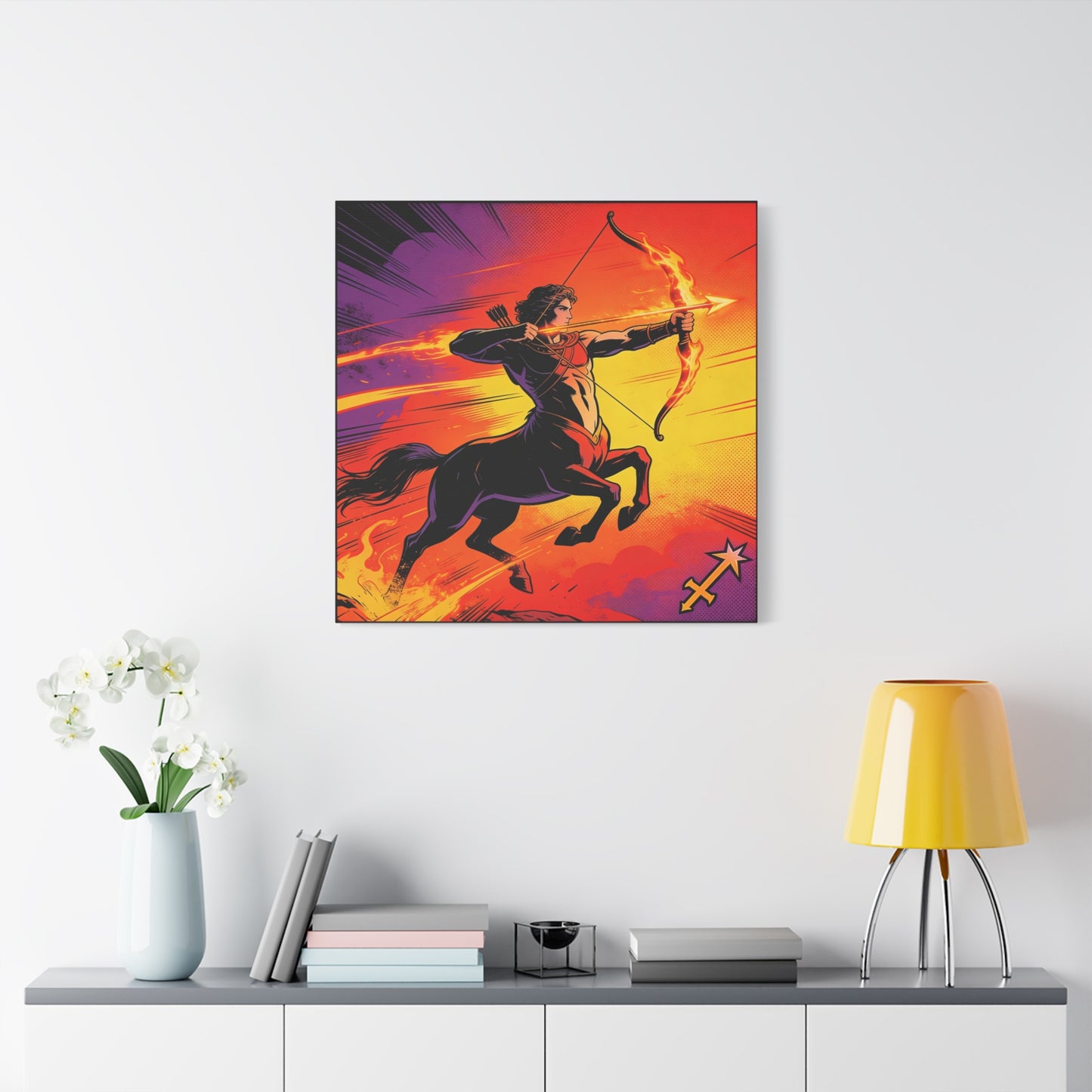 Sagittarius Centaur Archer Canvas Wall Art - Fiery Zodiac Illustration, Bold Mythology Decor - Matte Canvas Print, Modern Pop Art Style - Bedroom Home Decoration, Office Wall Decor - Ready to Hang