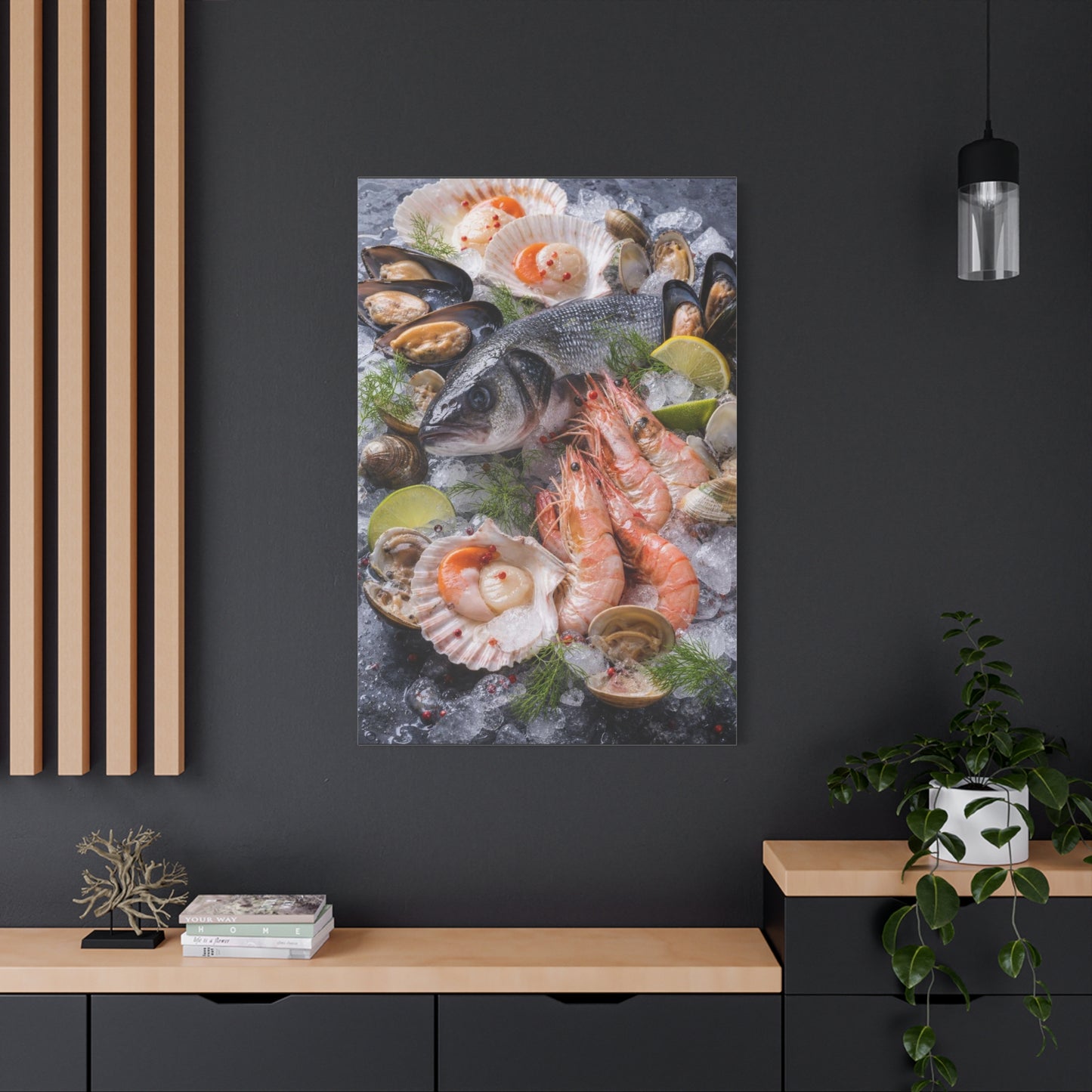 Seafood Still Life Canvas Wall Art - Fish, Shrimp, Scallops On Ice Food Print - Coastal Kitchen Decor, Dining Room Wall Decor, Contemporary Home Decoration, Matte Canvas Print - Modern Farmhouse Style