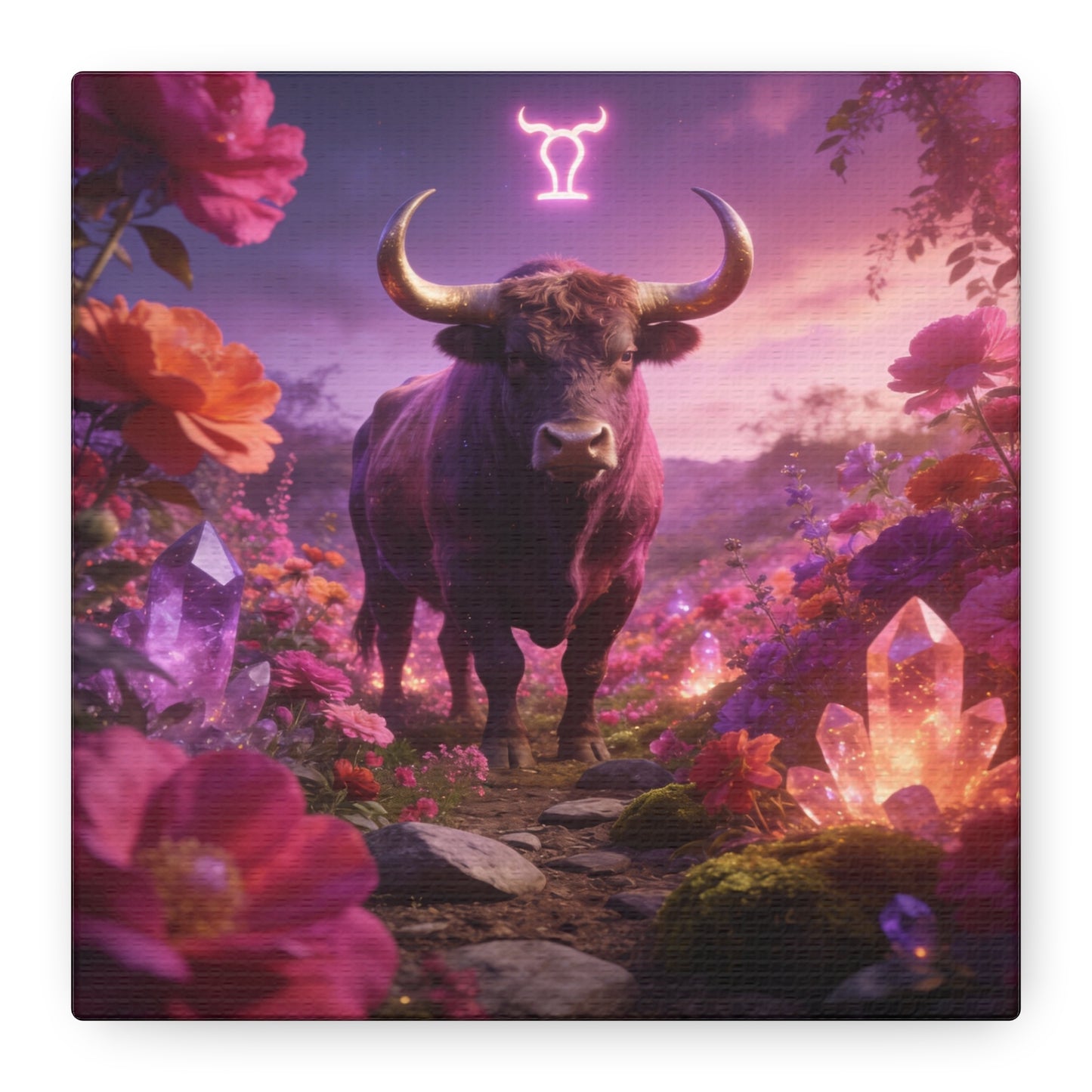 Taurus Zodiac Bull Canvas Wall Art - Neon Taurus Symbol, Floral Crystal Fantasy Print - Dreamy Purple Pink Celestial Decor - Bedroom Home Decoration, Bohemian Living Room Accent - Office Wall Art
