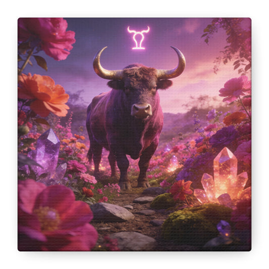 Taurus Zodiac Bull Canvas Wall Art - Neon Taurus Symbol, Floral Crystal Fantasy Print - Dreamy Purple Pink Celestial Decor - Bedroom Home Decoration, Bohemian Living Room Accent - Office Wall Art