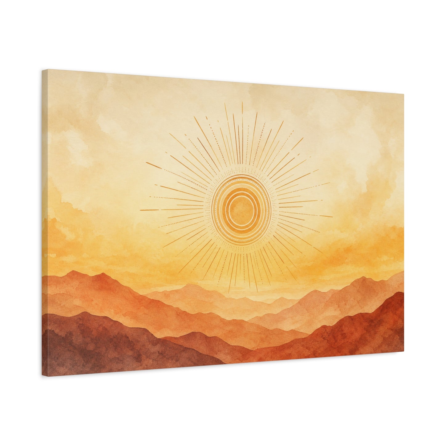 Sunburst Desert Mountain Canvas Wall Art - Golden Watercolor Landscape Print, Contemporary Southwest Style - Living Room Wall Decor, Bedroom Home Decoration, Meditation Space Accent - Ready to Hang