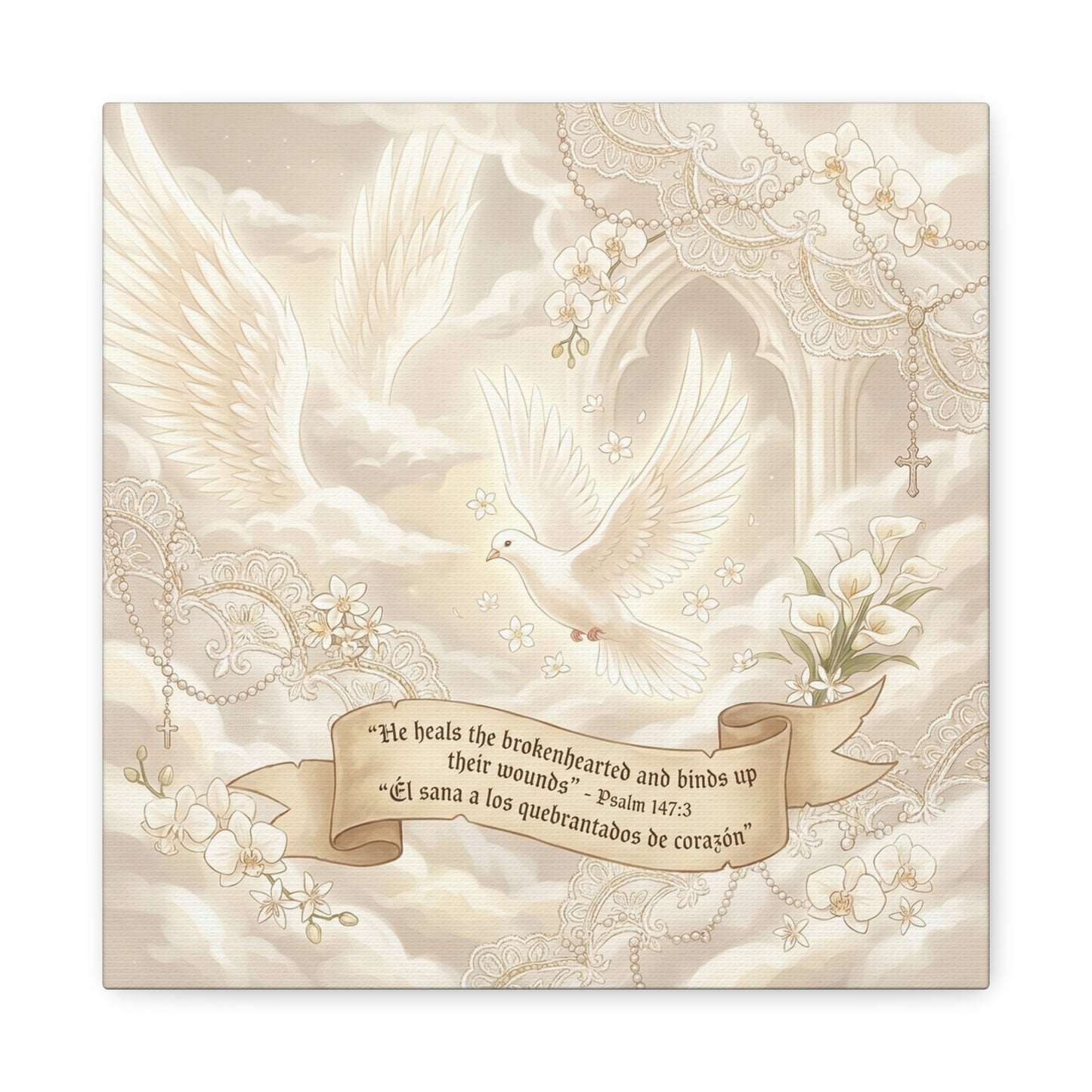 "He Heals The Brokenhearted And Binds Up Their Wounds" Canvas Wall Art - Dove, Cross, Psalm 147:3 Scripture Print - Beige Floral Christian Decor - Bedroom Living Room Home Decoration - Office Wall Art
