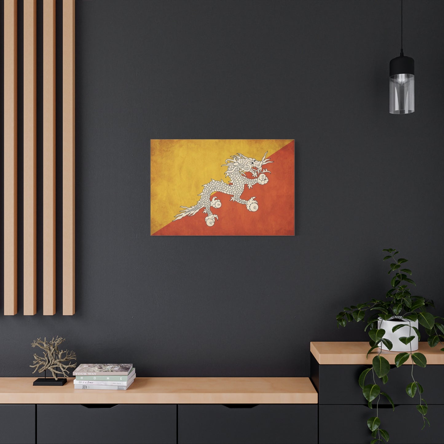 Bhutan Flag Dragon Canvas Wall Art - White Druk On Yellow Orange Field - Vintage Textured Print, Cultural Wall Decor, Living Room Home Decoration - Modern Farmhouse Style - Bedroom Home Decoration