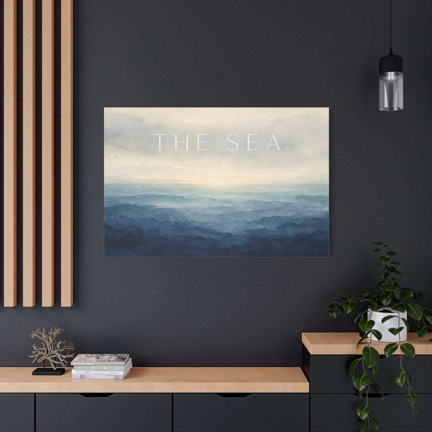 "The Sea" Coastal Canvas Wall Art - Blue Ocean Horizon Watercolor Typography Print - Serene Minimalist Seascape Decor - Bedroom Wall Hanging, Living Room Home Decoration, Meditation Space