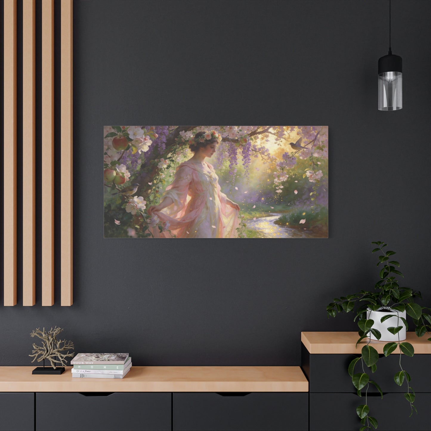 Romantic Garden Maiden Canvas Wall Art - Floral Orchard Figure, Wisteria Blossoms, Songbirds - Impressionist Cotton Canvas Print - Vintage Style Living Room Wall Decor Bedroom Accent - Ready to Hang