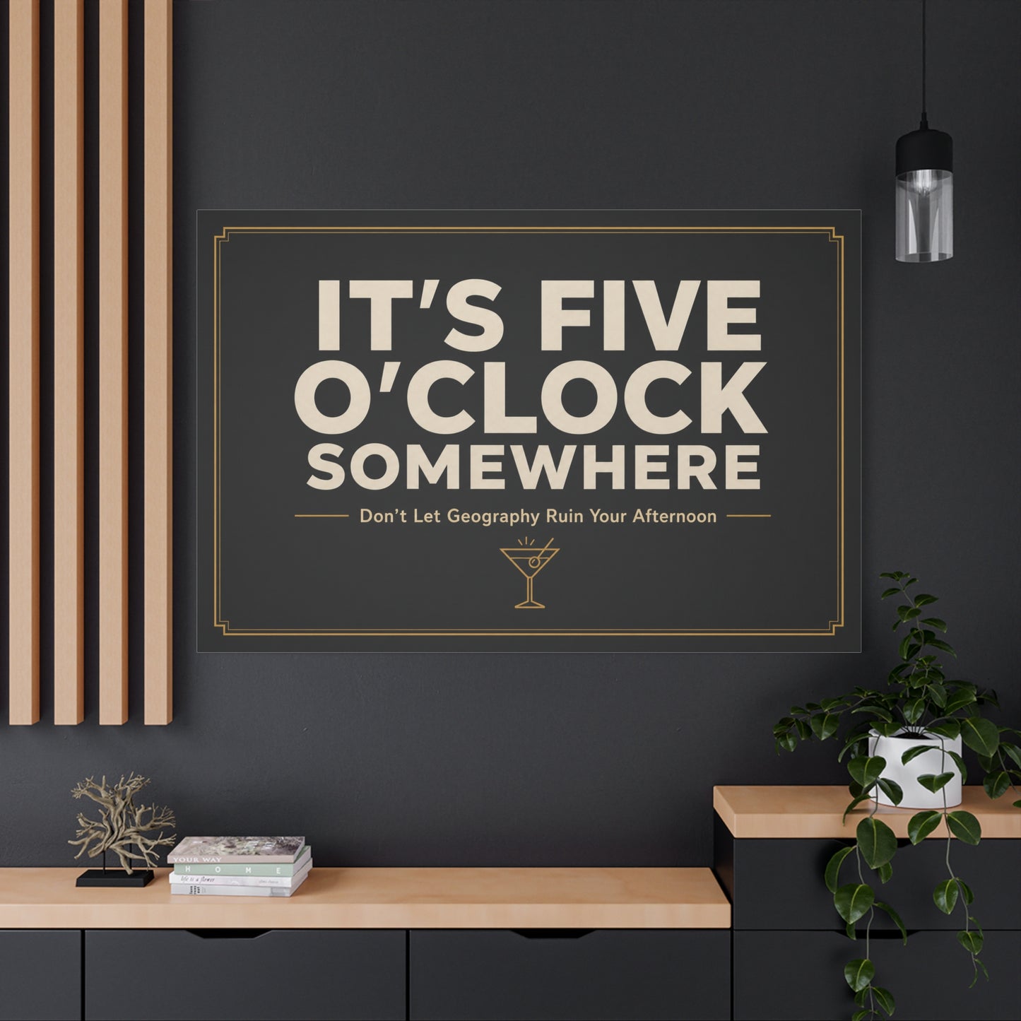 "It's Five O'Clock Somewhere" Typography Canvas Wall Art - Funny Cocktail Quote Decor, Black And Gold Minimalist Bar Cart Lounge Accent - Ready to Hang - Pub Wall Art - Cocktail Lounge Decor