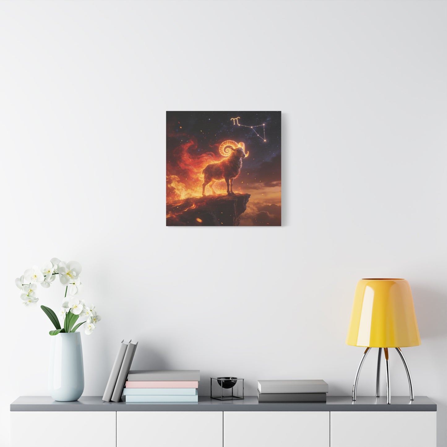 Aries Ram Canvas Wall Art - Fiery Zodiac Constellation Celestial Animal Print - Glowing Horns, Cosmic Night Sky - Contemporary Fantasy Style - Bedroom Home Decoration Office Wall Art - Ready to Hang