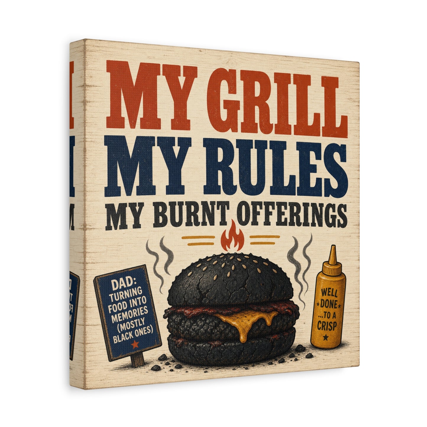 "My Grill My Rules My Burnt Offerings" Funny BBQ Canvas Wall Art - Burnt Burger Grill Sign, Rustic Farmhouse Kitchen Decor, Patriotic Red Blue Typography Print - Man Cave Wall Decor - Ready to Hang