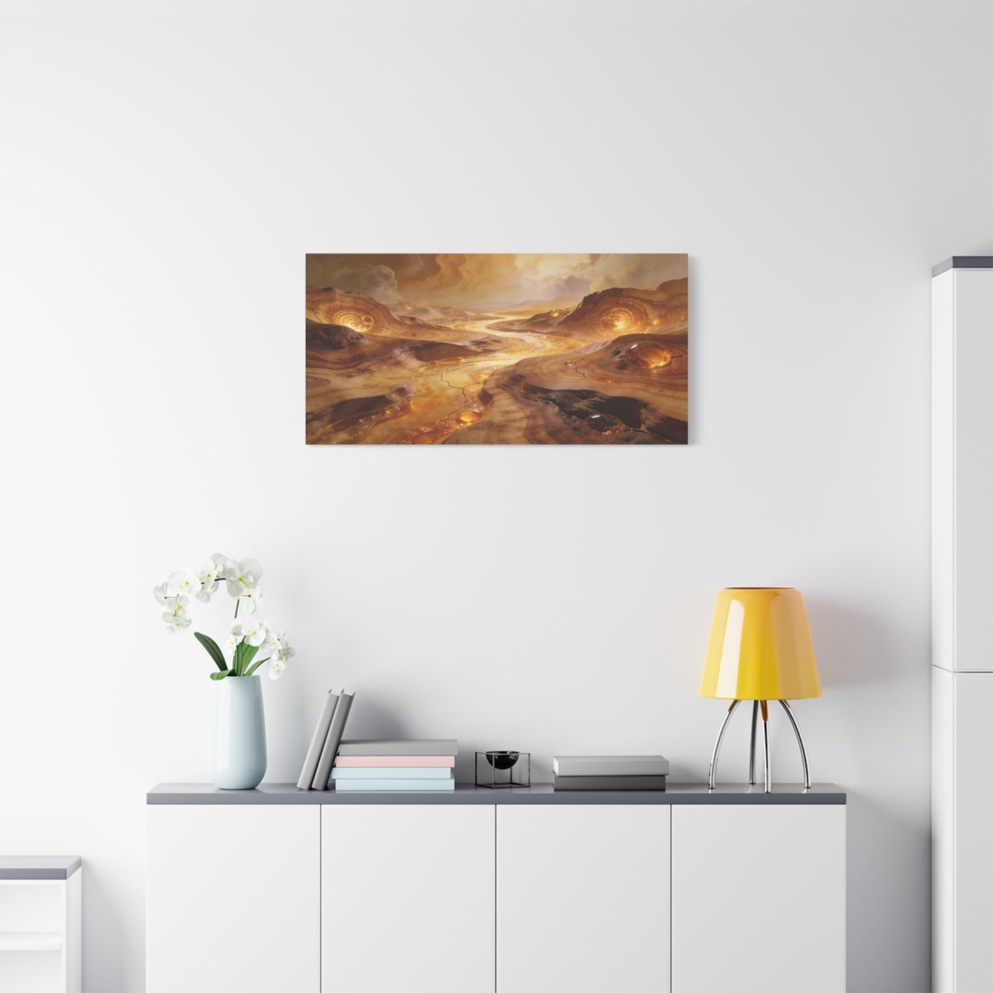 Golden Abstract Landscape Canvas Wall Art - Glowing River, Swirling Stone Forms - Contemporary Matte Canvas Print - Living Room Wall Decor, Bedroom Home Decoration, Office Art - Modern Farmhouse Style