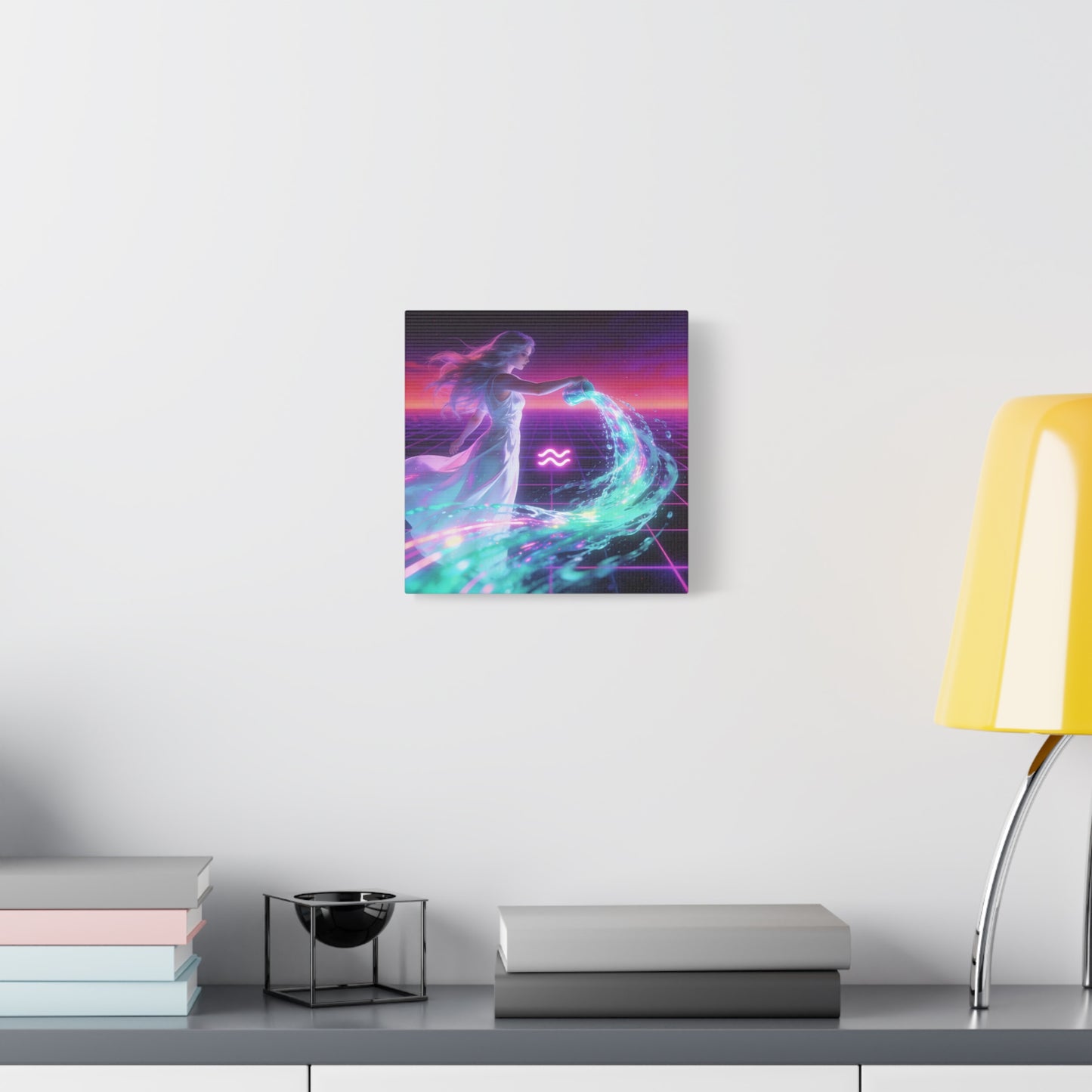 Aquarius Woman Canvas Wall Art - Neon Water Bearer Zodiac Illustration, Retro Synthwave Aesthetic - Matte Canvas Print - Bedroom Wall Decor, Home Office Accent, Mystical Decor - Modern Farmhouse Style
