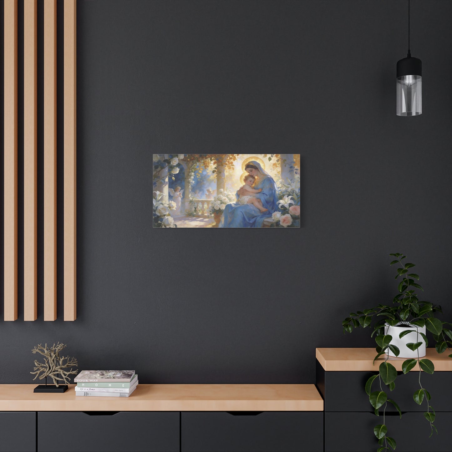 Virgin Mary And Baby Jesus Canvas Wall Art - Religious Madonna Lily Rose Painting - Traditional Blue Gold Sacred Nursery Style - Bedroom Wall Decor, Christian Home Accent - Bedroom Home Decoration