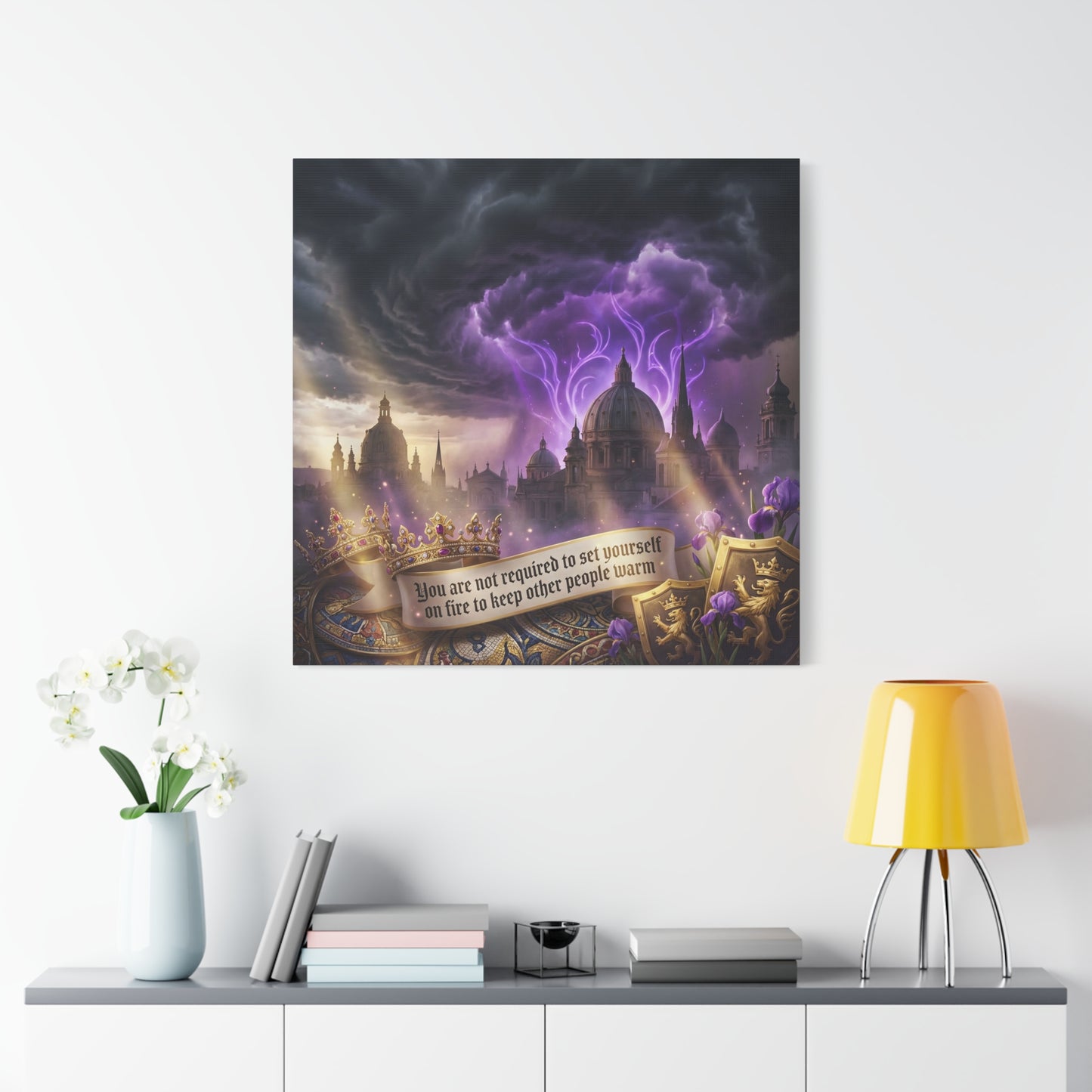 "You Are Not Required To Set Yourself On Fire" Canvas Wall Art - Gothic Castle Quote Decor, Purple Storm Sky, Crown And Iris Fantasy Print - Bedroom Home Decoration, Living Room Accent - Ready to Hang