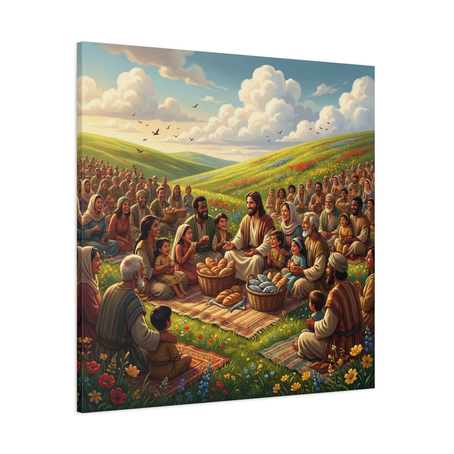 Jesus Feeding The Multitude Canvas Wall Art - Bread And Fish Biblical Scene - Meadow Landscape Christian Home Decor - Matte Cotton Print For Living Room, Bedroom, Office, Meditation Space