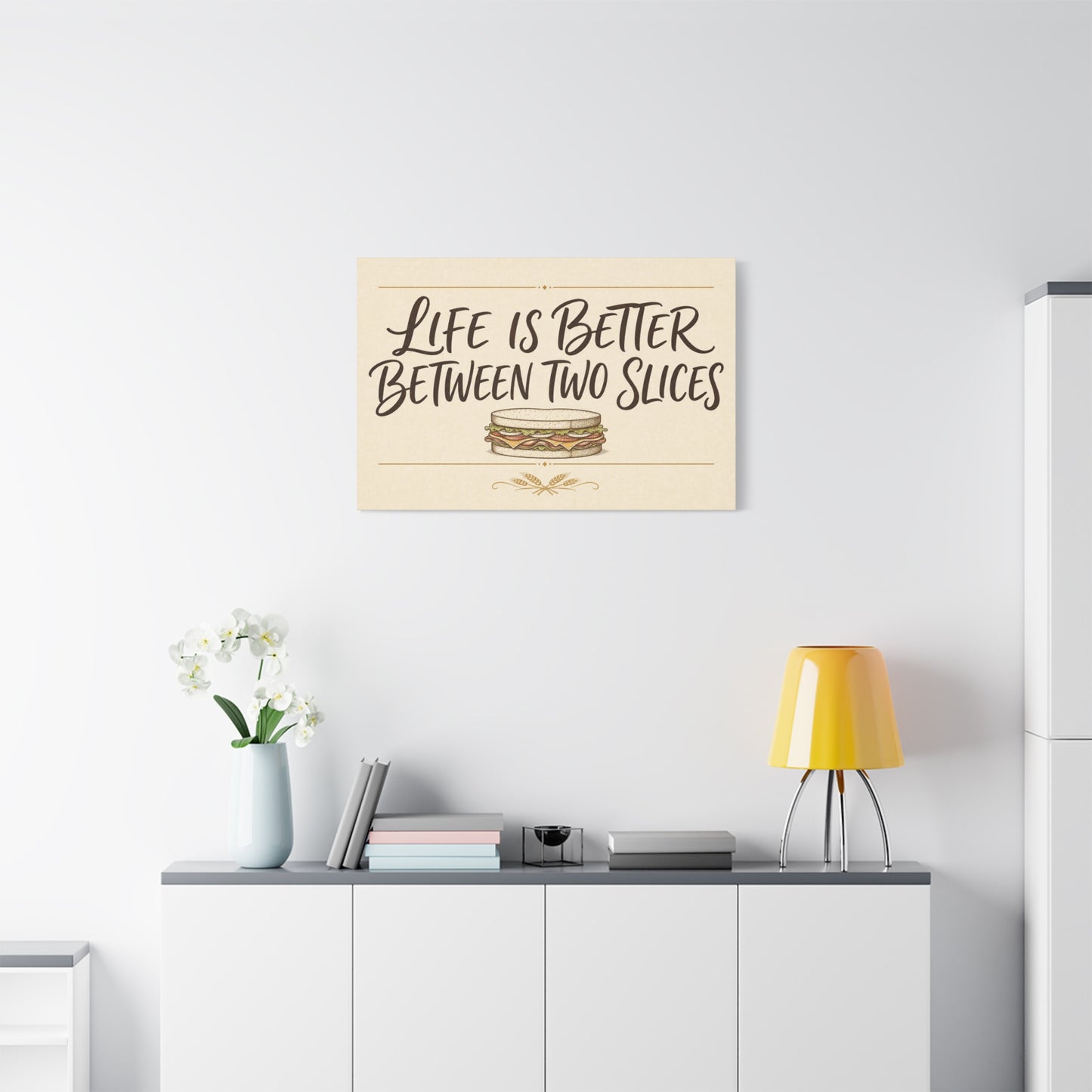"Life Is Better Between Two Slices" Sandwich Canvas Wall Art - Funny Quote Print, Vintage Farmhouse Style, Beige Food Illustration - Ready to Hang - Ready to Hang - Deli Wall Decor - Diner Decor
