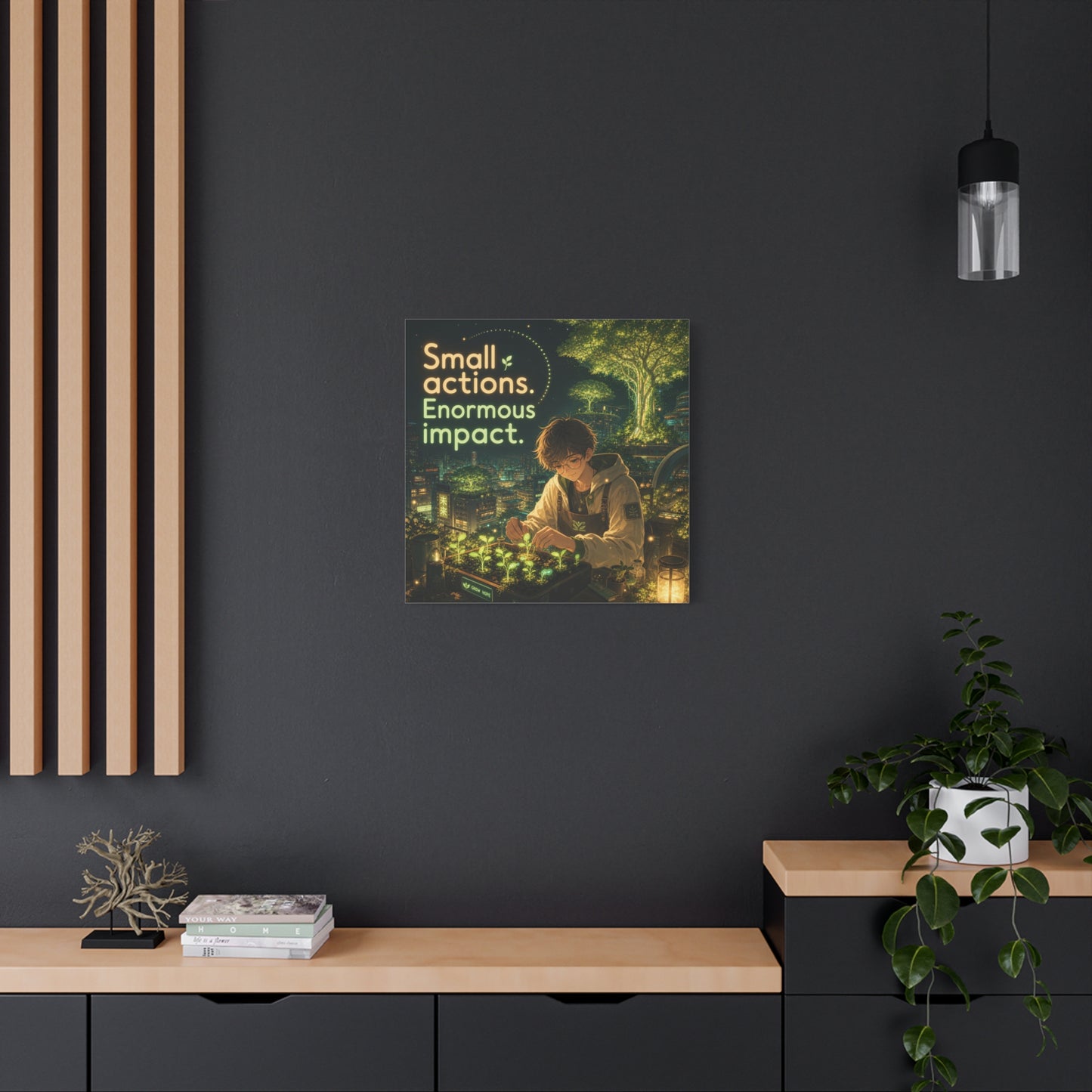 "Small Actions. Enormous Impact." Inspirational Canvas Wall Art - Anime Boy Gardening Cityscape - Glowing Green Night Illustration - Bedroom Home Decoration, Home Office Decor - Living Room Wall Decor