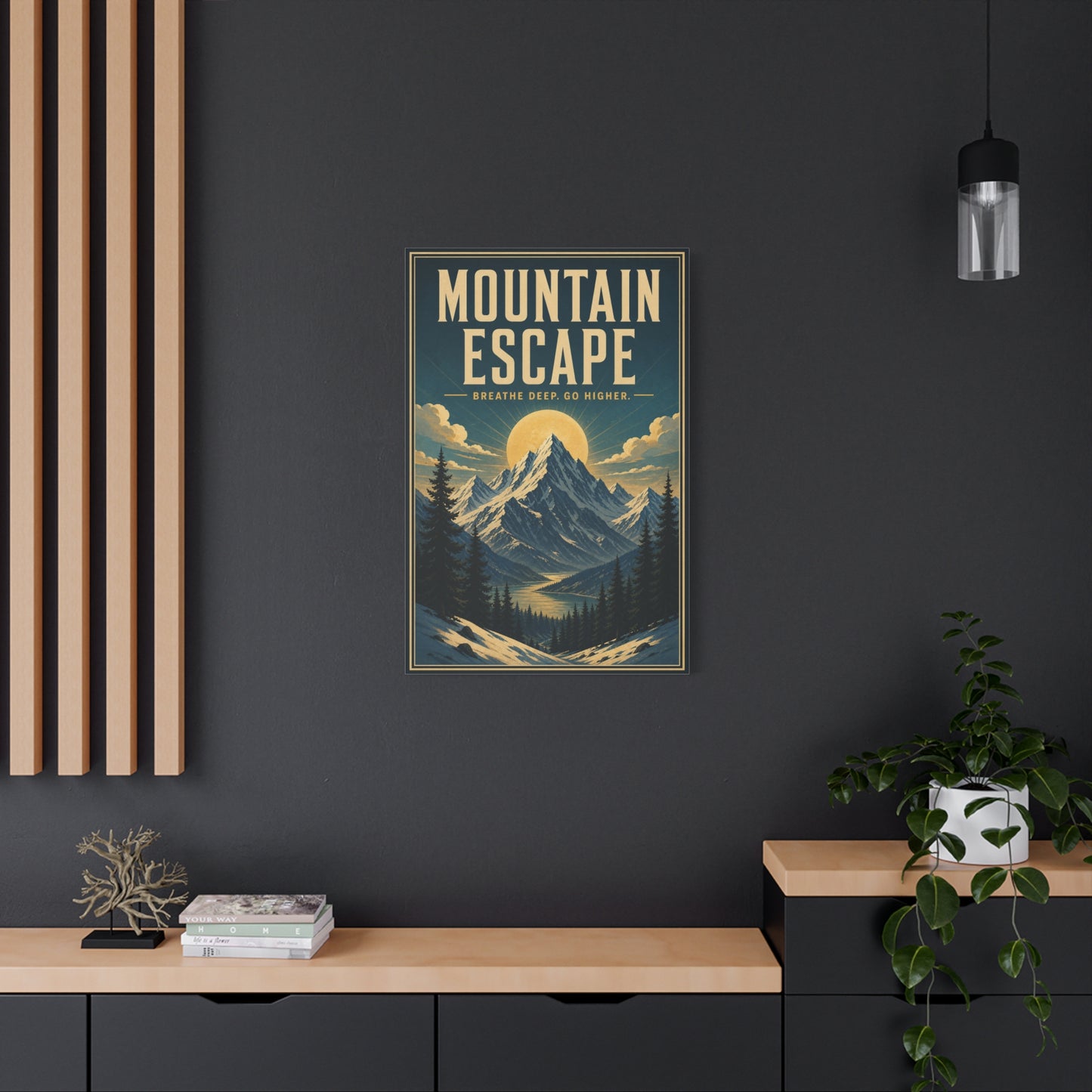 "Mountain Escape Breathe Deep. Go Higher." Canvas Wall Art - Vintage Mountain Landscape Poster Print, Sunlit Alpine Peaks, Rustic Lodge Style, Living Room Wall Decor, Office Art - Ready to Hang
