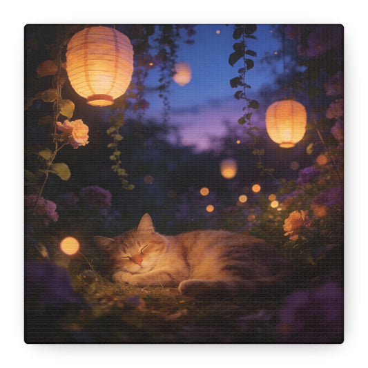 Sleeping Cat Canvas Wall Art - Lantern Lit Garden Night Scene, Dreamy Floral Canvas Print - Calming Cottagecore Style, Bedroom Wall Decor, Living Room Home Decoration - Bedroom Home Decoration