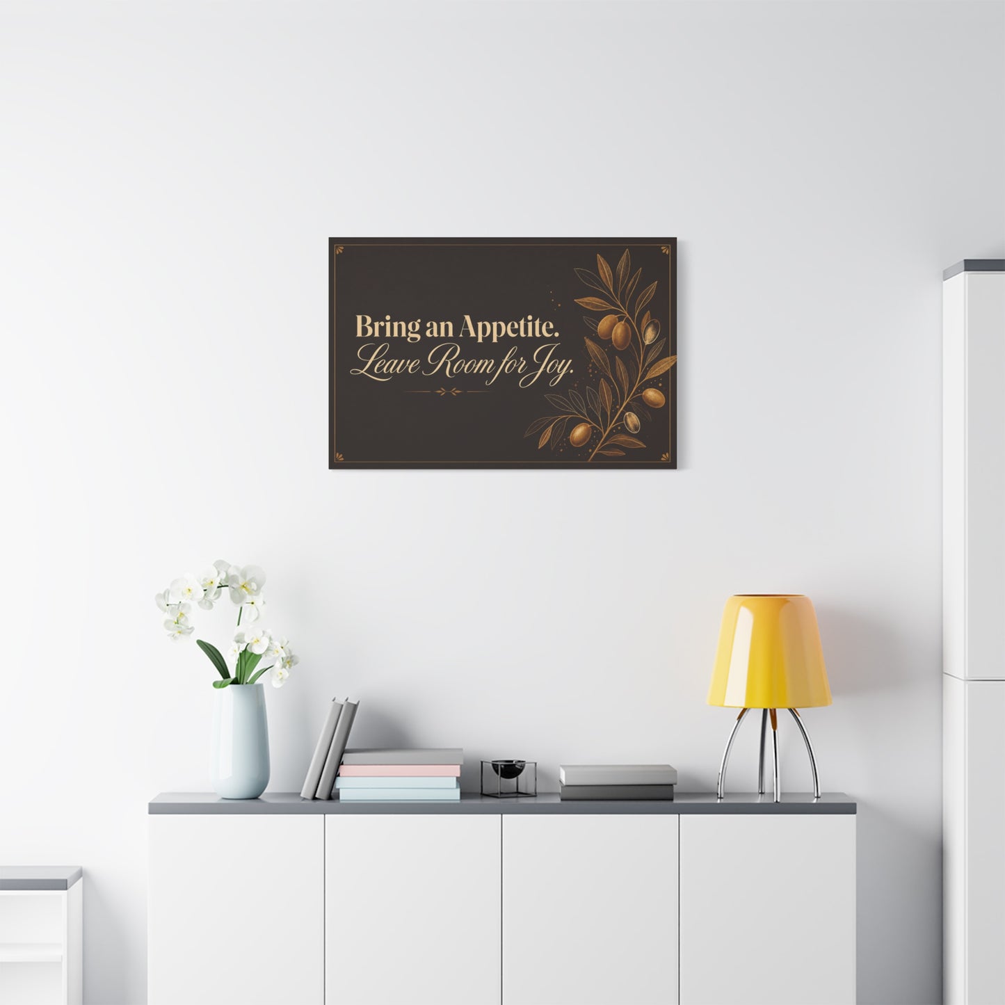 "Bring An Appetite. Leave Room For Joy." Typography Canvas Wall Art - Olive Branch Kitchen Decor - Vintage Dark Brown And Gold Quote Print - Dining Room Home Decoration - Bedroom Home Decoration