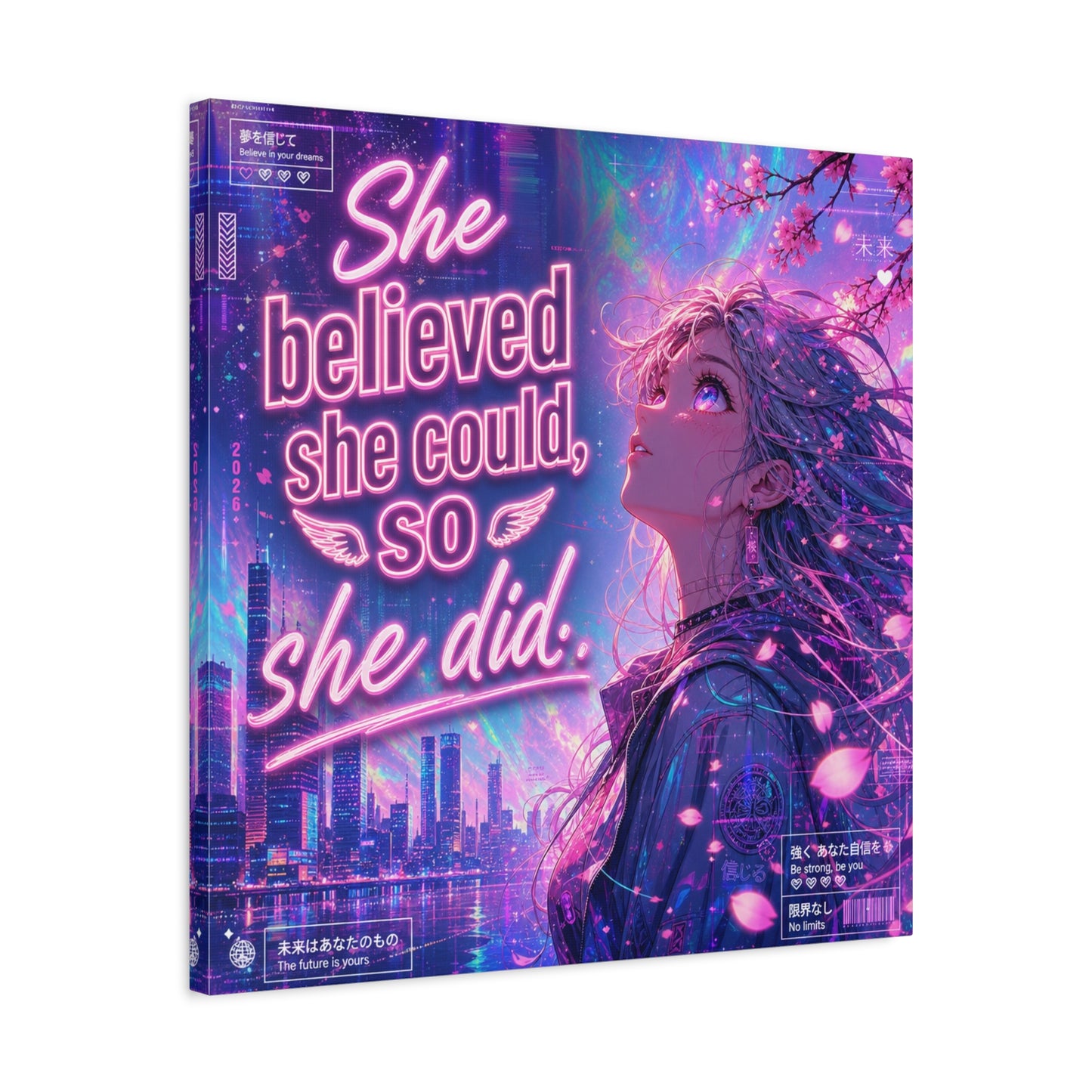 "She Believed She Could, So She Did" Anime Girl Canvas Wall Art - Neon Sakura Cityscape, Inspirational Typography Print - Contemporary Bedroom Wall Decor, Teenager Room Decor - Bedroom Home Decoration