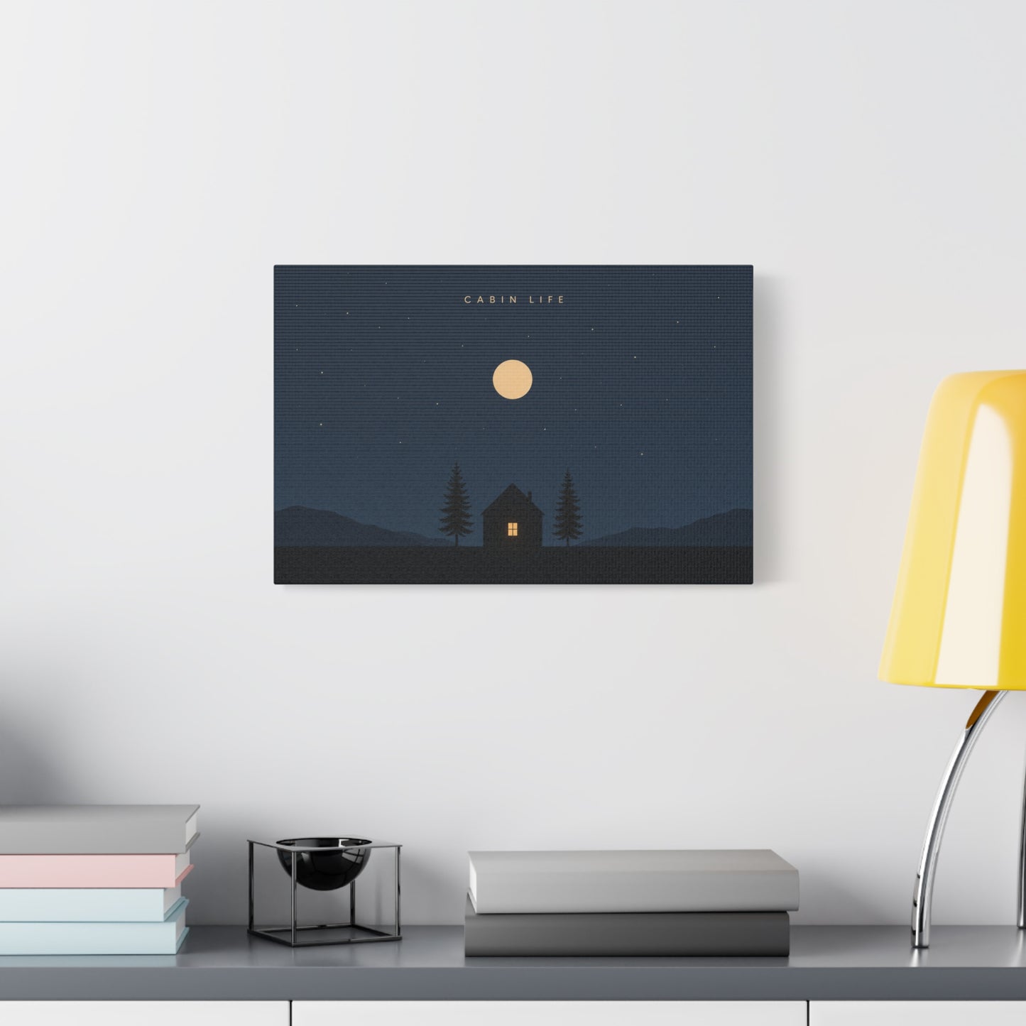 "Cabin Life" Moonlit Forest Canvas Wall Art - Minimalist Night Landscape Print - Rustic Lodge Decor, Bedroom Wall Accent, Living Room Decoration, Mountain Retreat Style - Bedroom Home Decoration