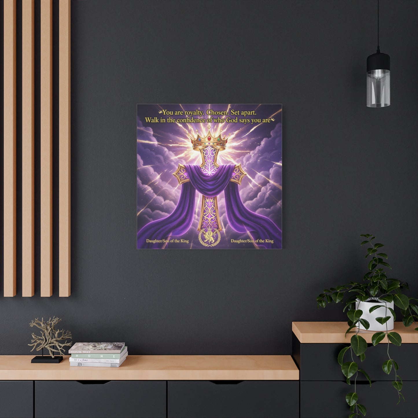 "You Are Royalty. Chosen. Set Apart." Christian Canvas Wall Art - Crowned Cross With Purple Draped Cloth, Daughter Son Of The King Quote - Religious Wall Decor For Bedroom, Office - Ready to Hang