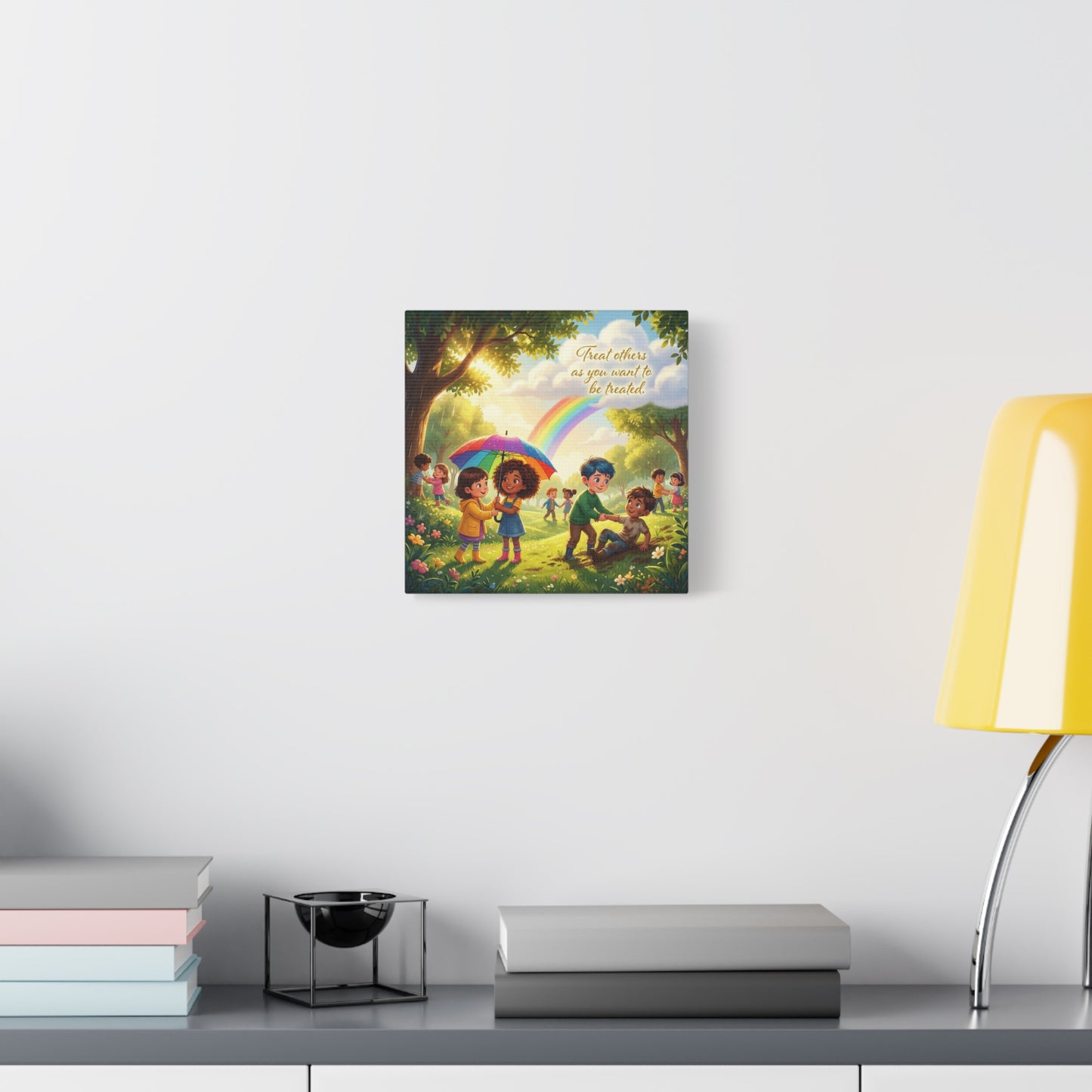 "Treat Others As You Want To Be Treated" Kids Canvas Wall Art - Rainbow Kindness Quote, Children Helping In Sunny Park - Matte Cotton Print - Playroom Classroom Decor, Nursery Wall Hanging